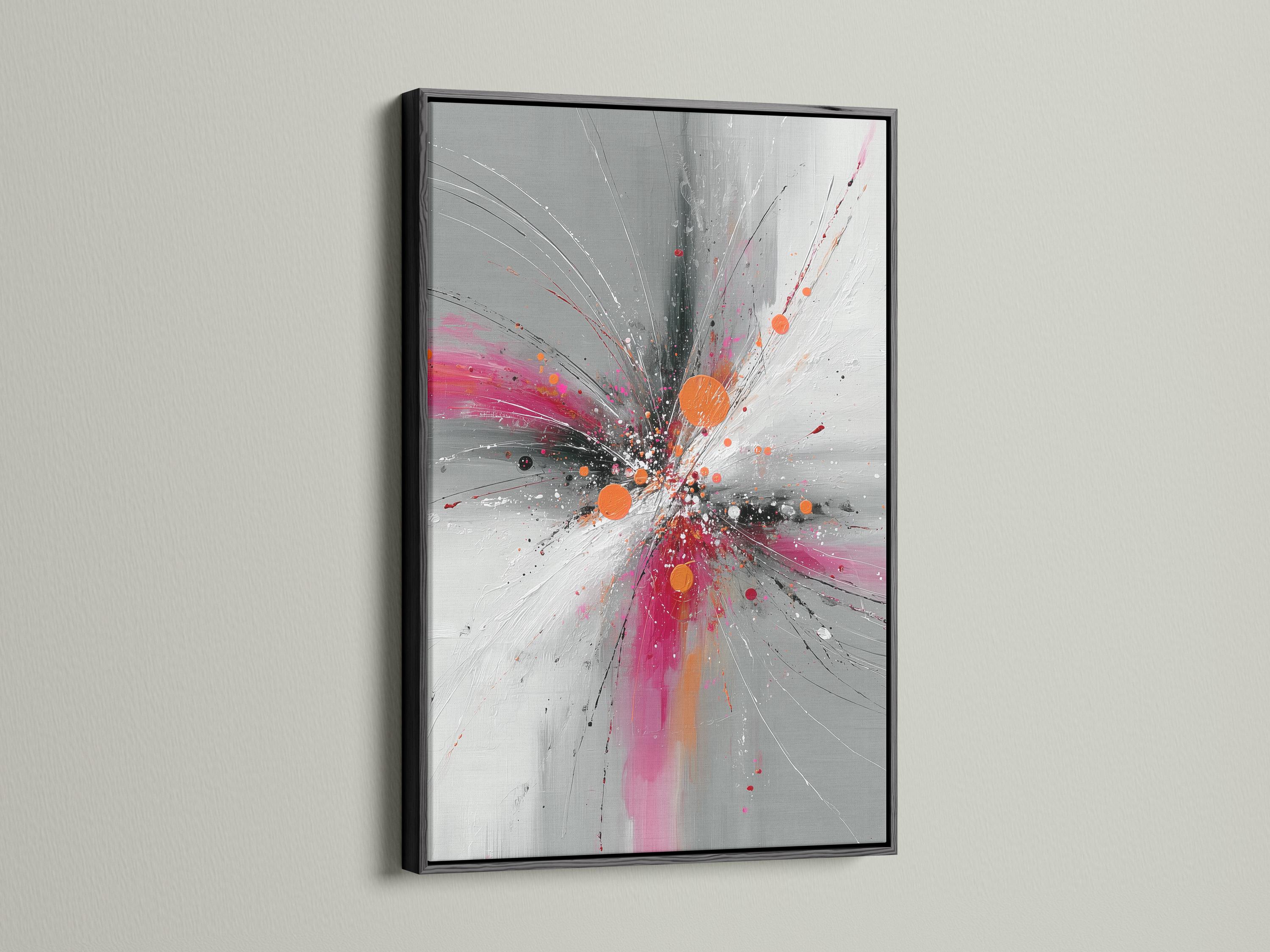 Abstract burst artwork with radiating grey and white lines, pink splashes and orange circular accents detail view