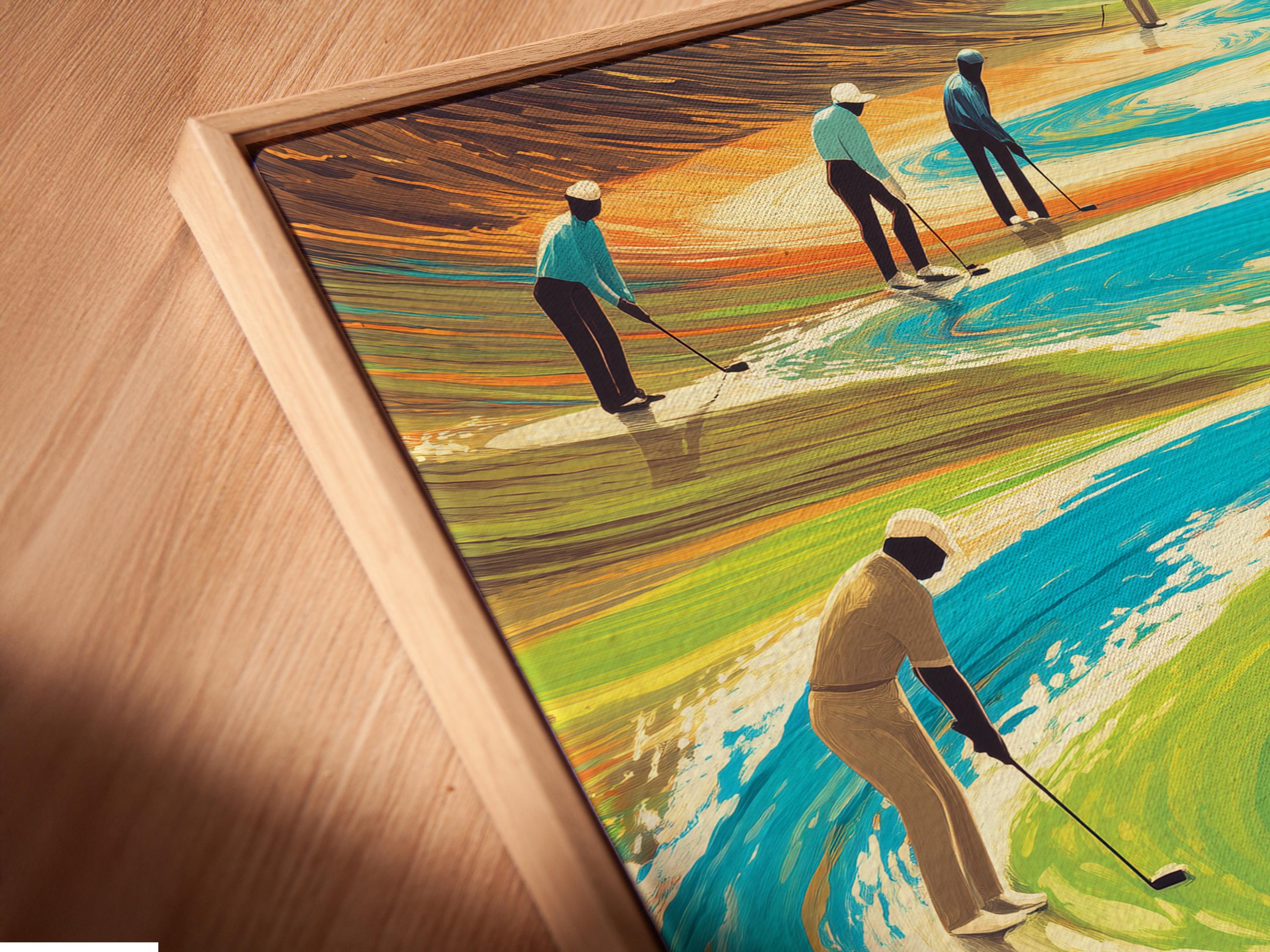 Surreal golf course scene with stylised golfers and a winding blue water channel detail view