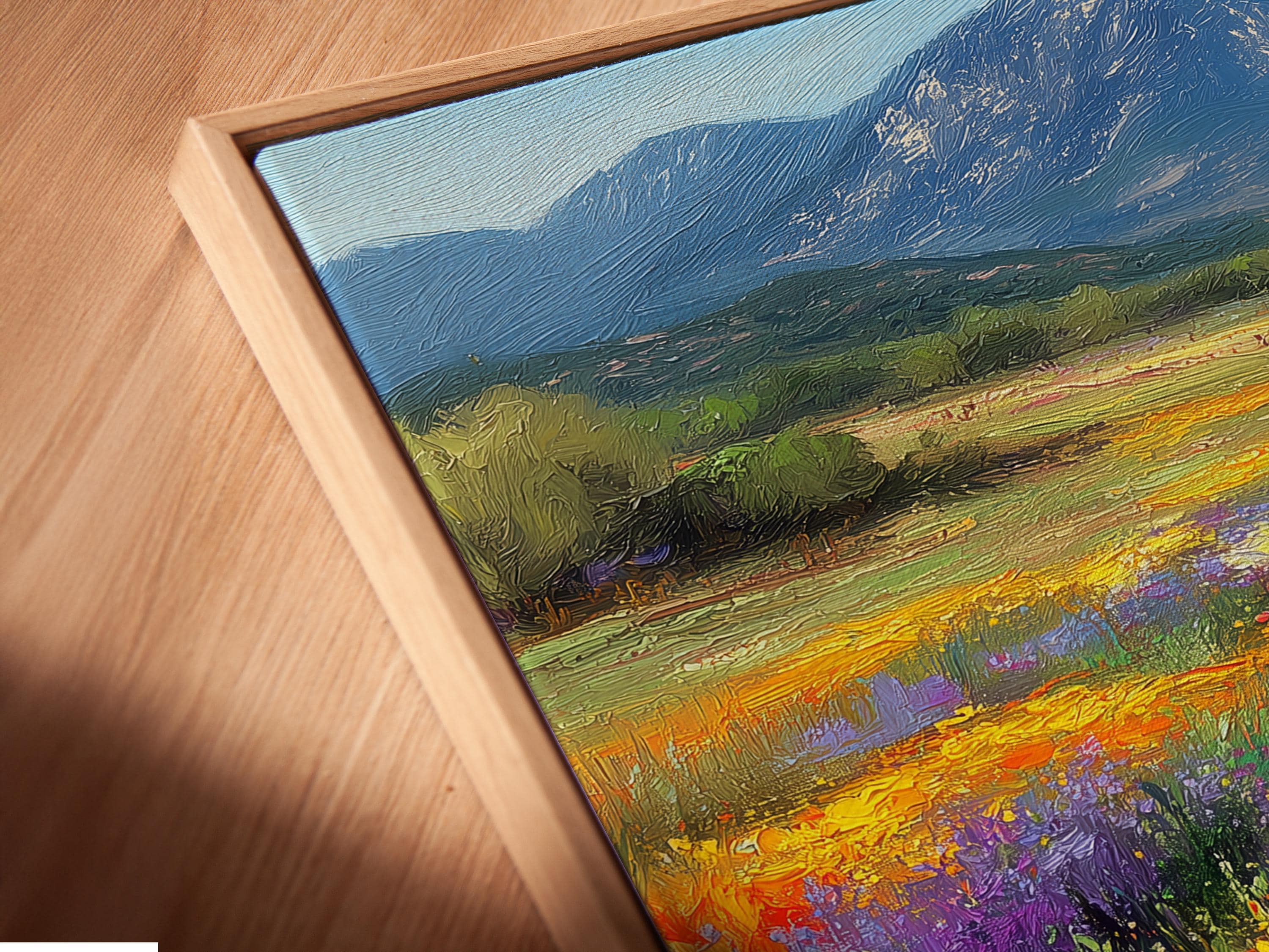 Wildflower meadow landscape with colourful flowers and a blue mountain detail view