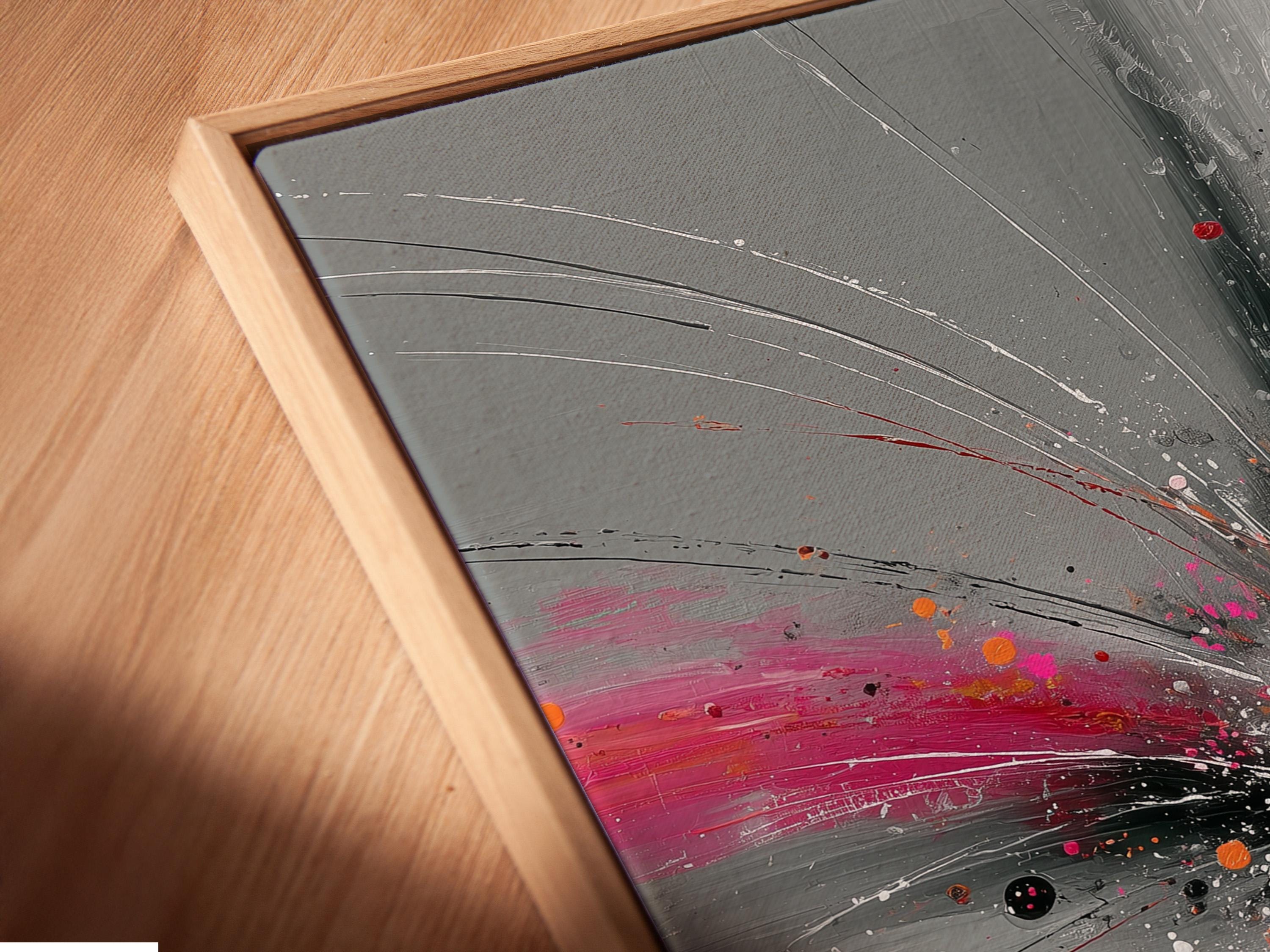 Abstract burst artwork with radiating grey and white lines, pink splashes and orange circular accents detail view