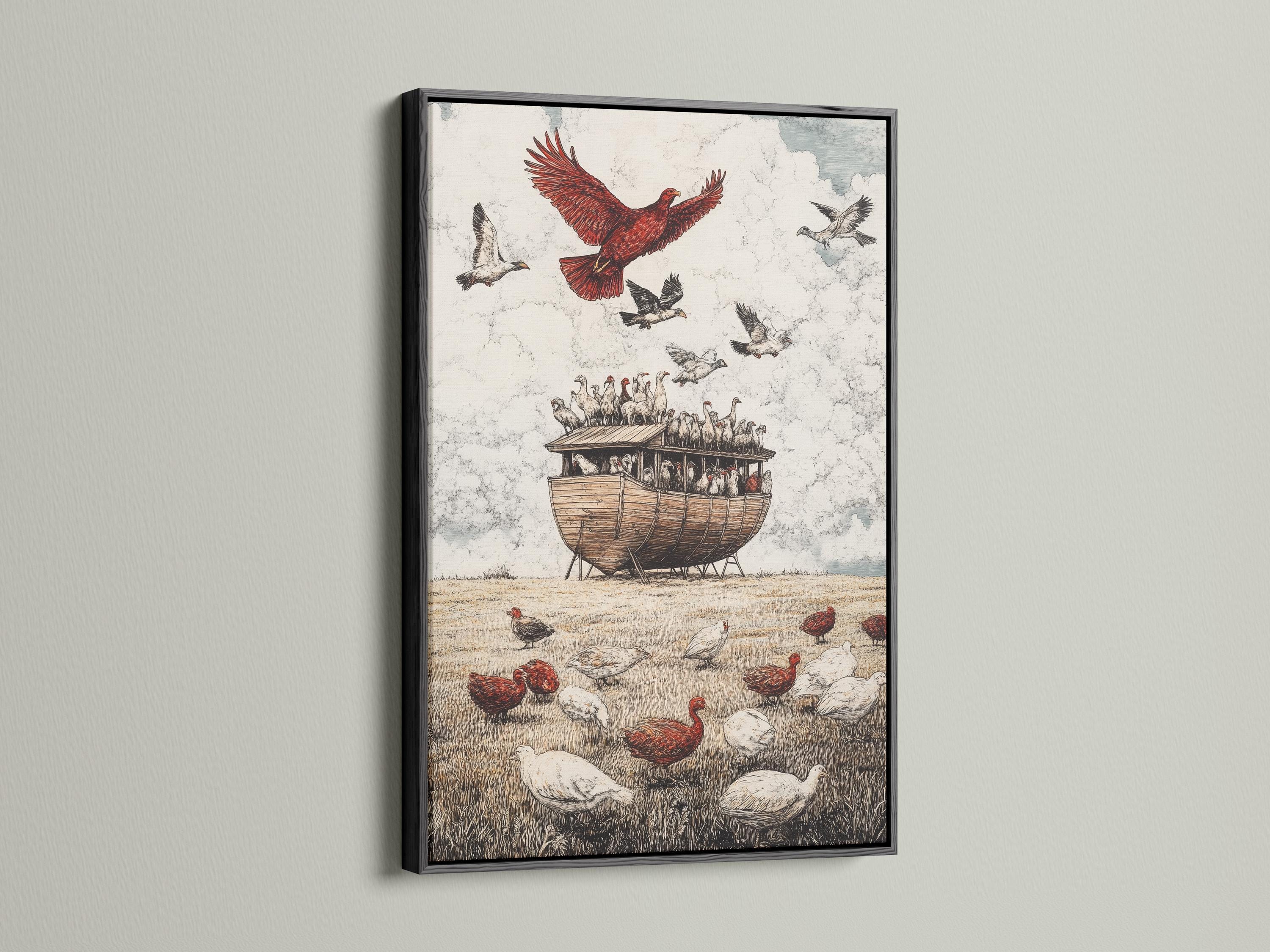 Vintage illustration of a red-feathered bird of prey flying above a wooden ark full of birds and grass detail view