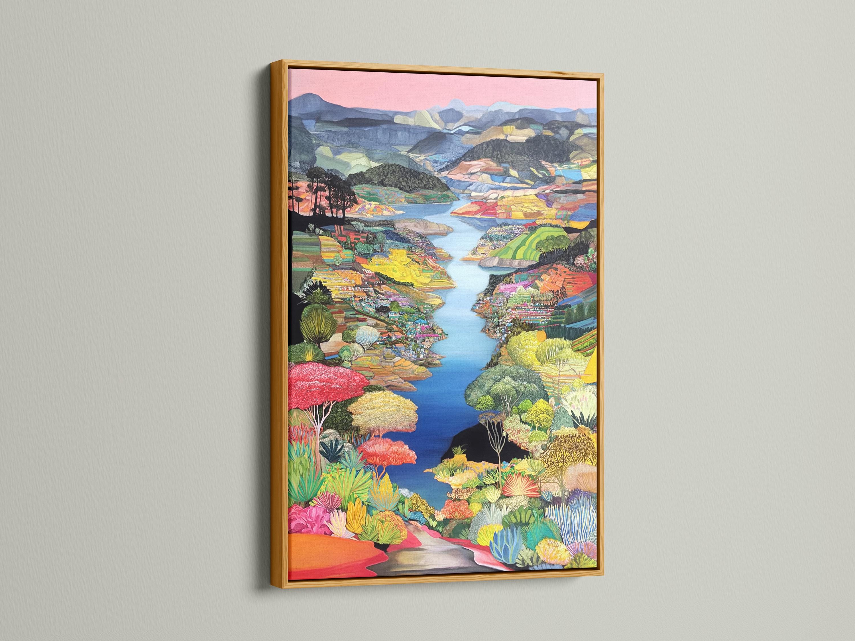 Colourful painterly river landscape with layered hills, bright plants and a pink sky detail view