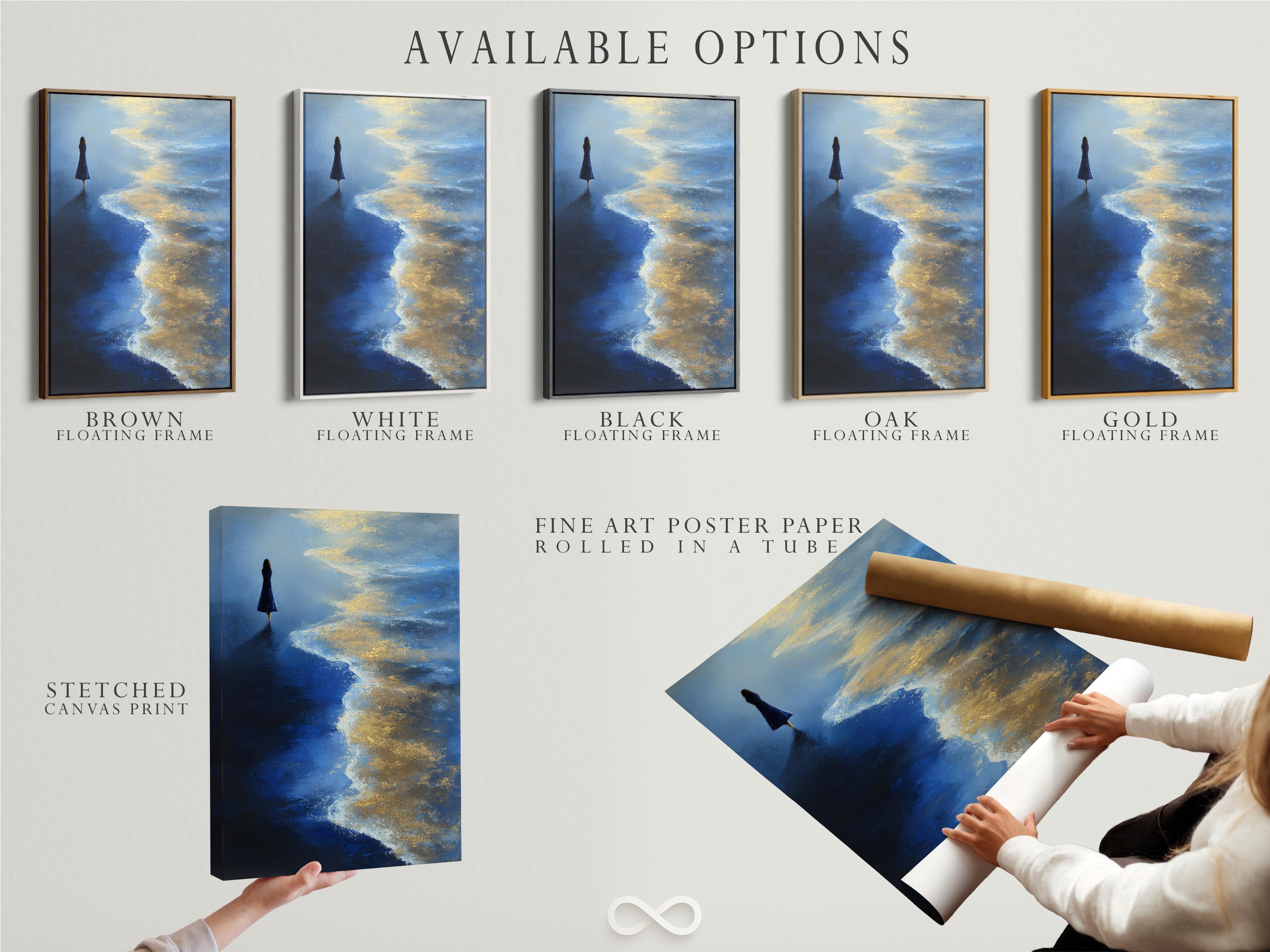 Painterly seascape with a lone silhouette standing in a blue ocean under glowing gold and ivory clouds detail view
