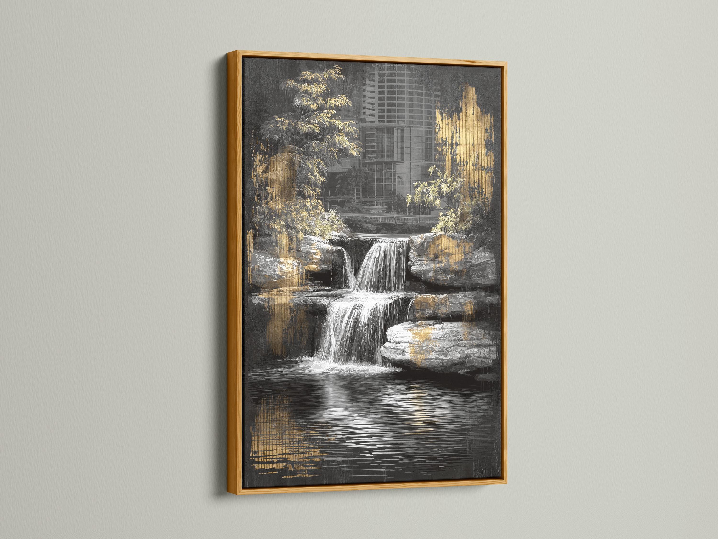 Black and gold waterfall artwork with a cityscape and trees, featuring reflective water below detail view