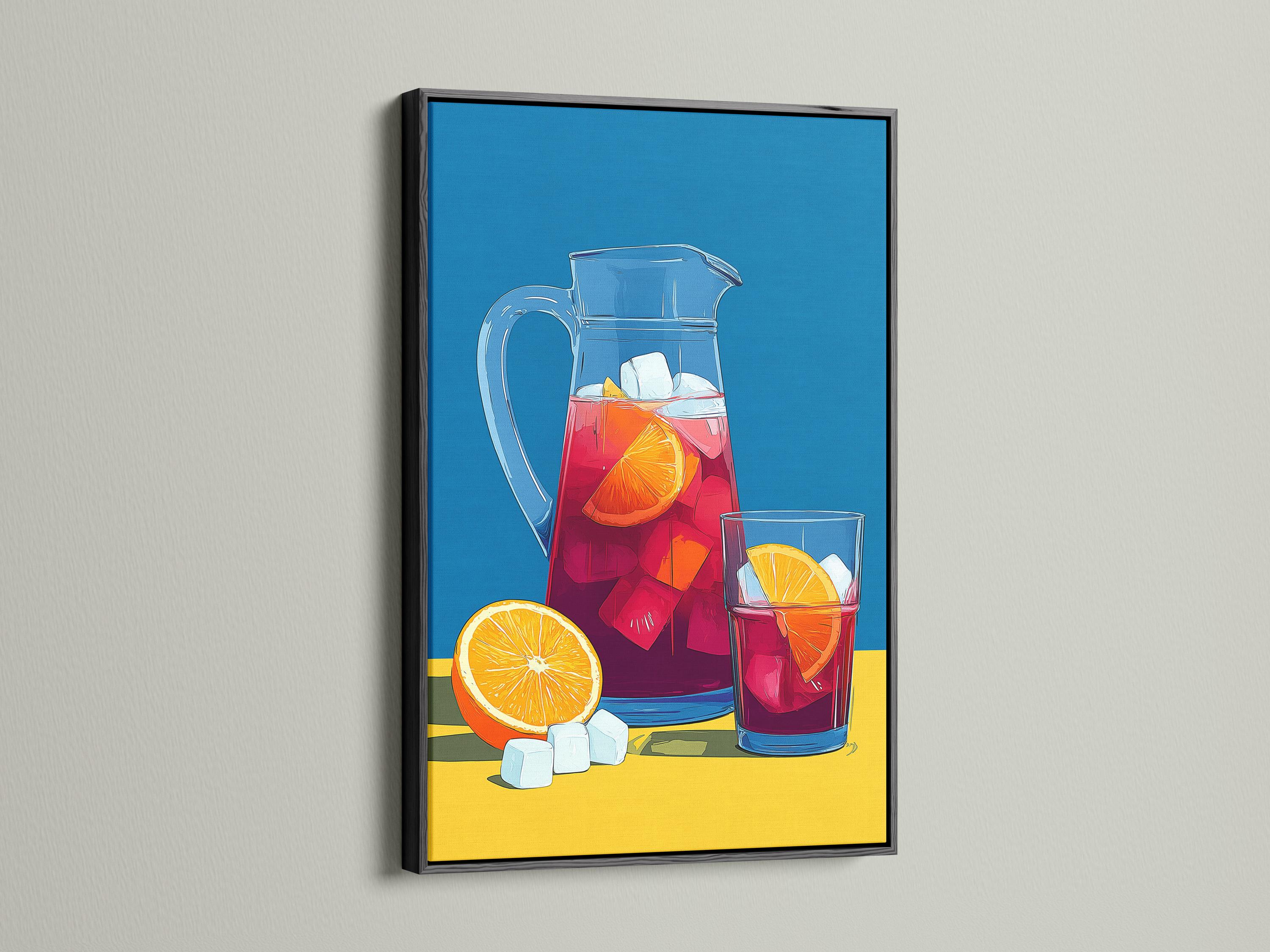 Illustrated still life of a glass pitcher with red drink, ice cubes, and orange citrus slices detail view