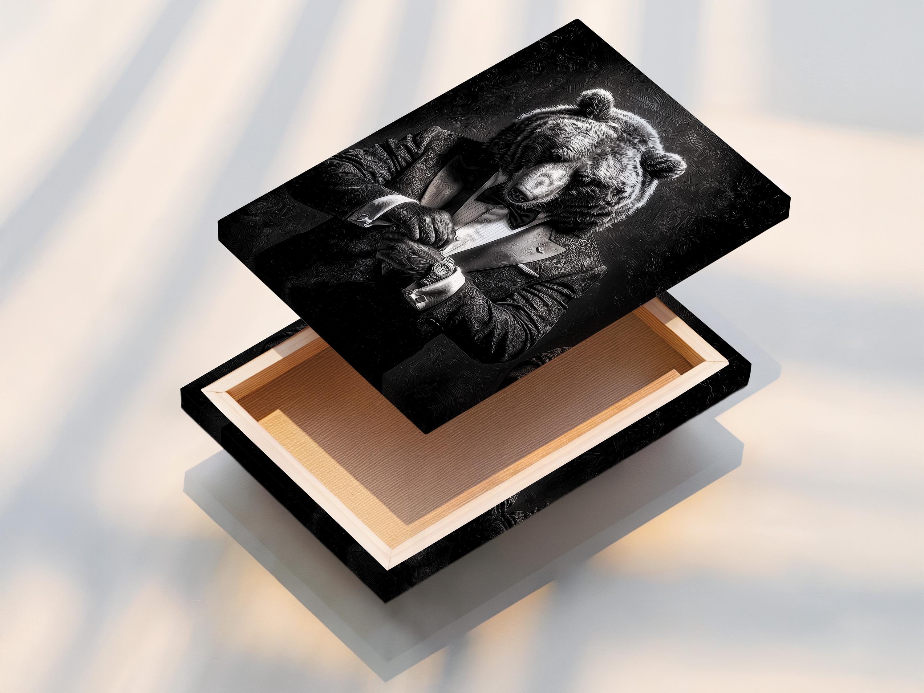 Bear portrait artwork shown in framed mockups with black, white and gold variations