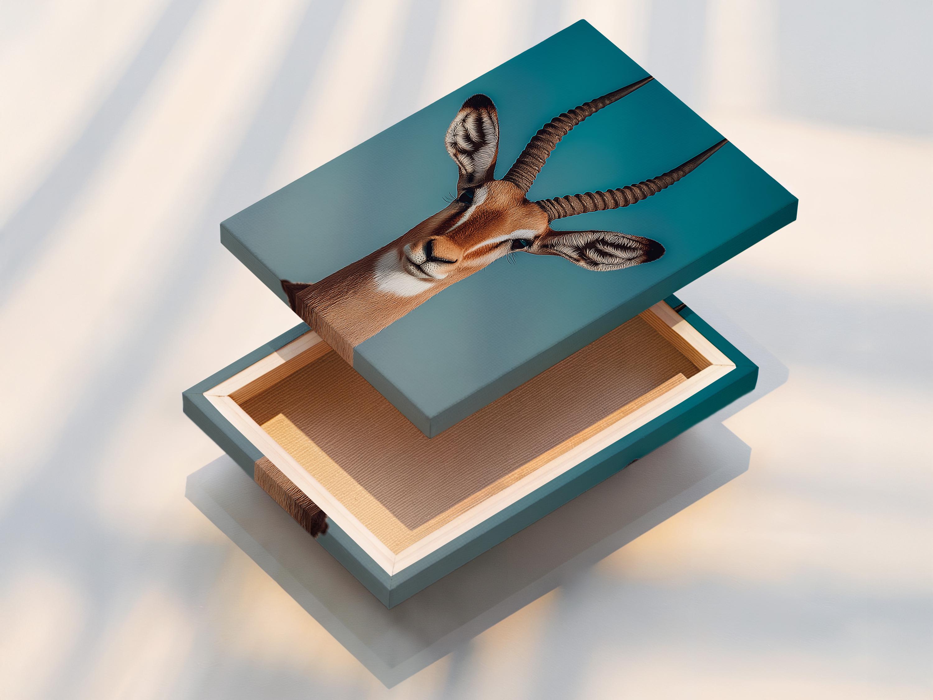 Teal gazelle artwork shown in a framed wall display mockup