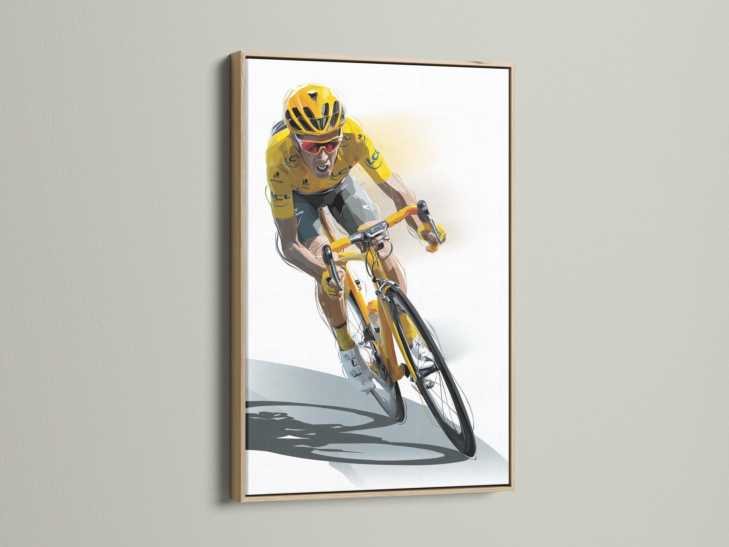Illustration of a cyclist in a bright yellow jersey racing on a bicycle against a pale background detail view