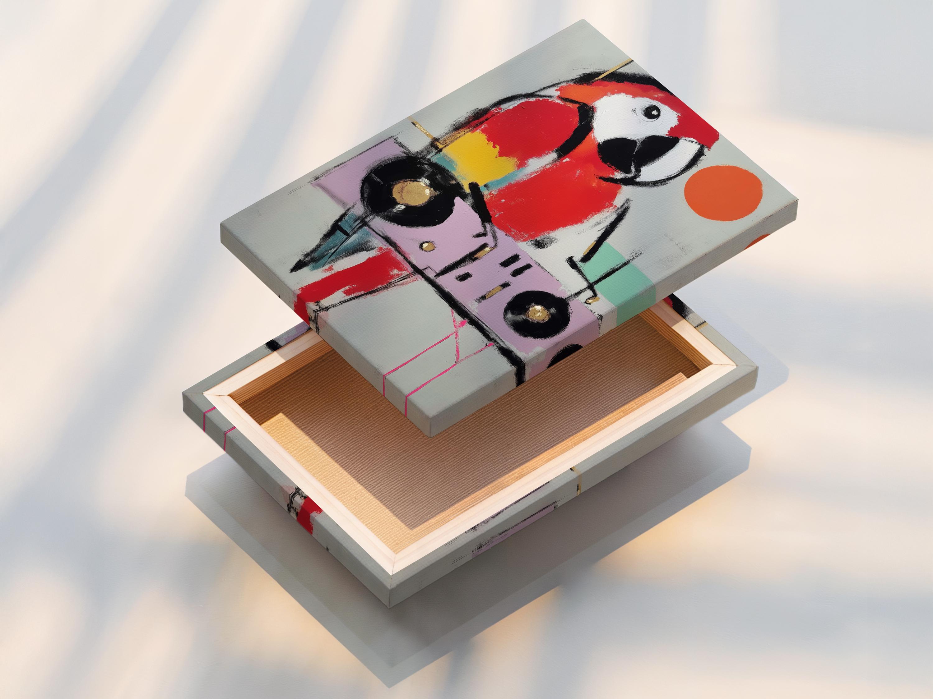 Stylised parrot bird portrait in red and black with a large orange circle accent detail view
