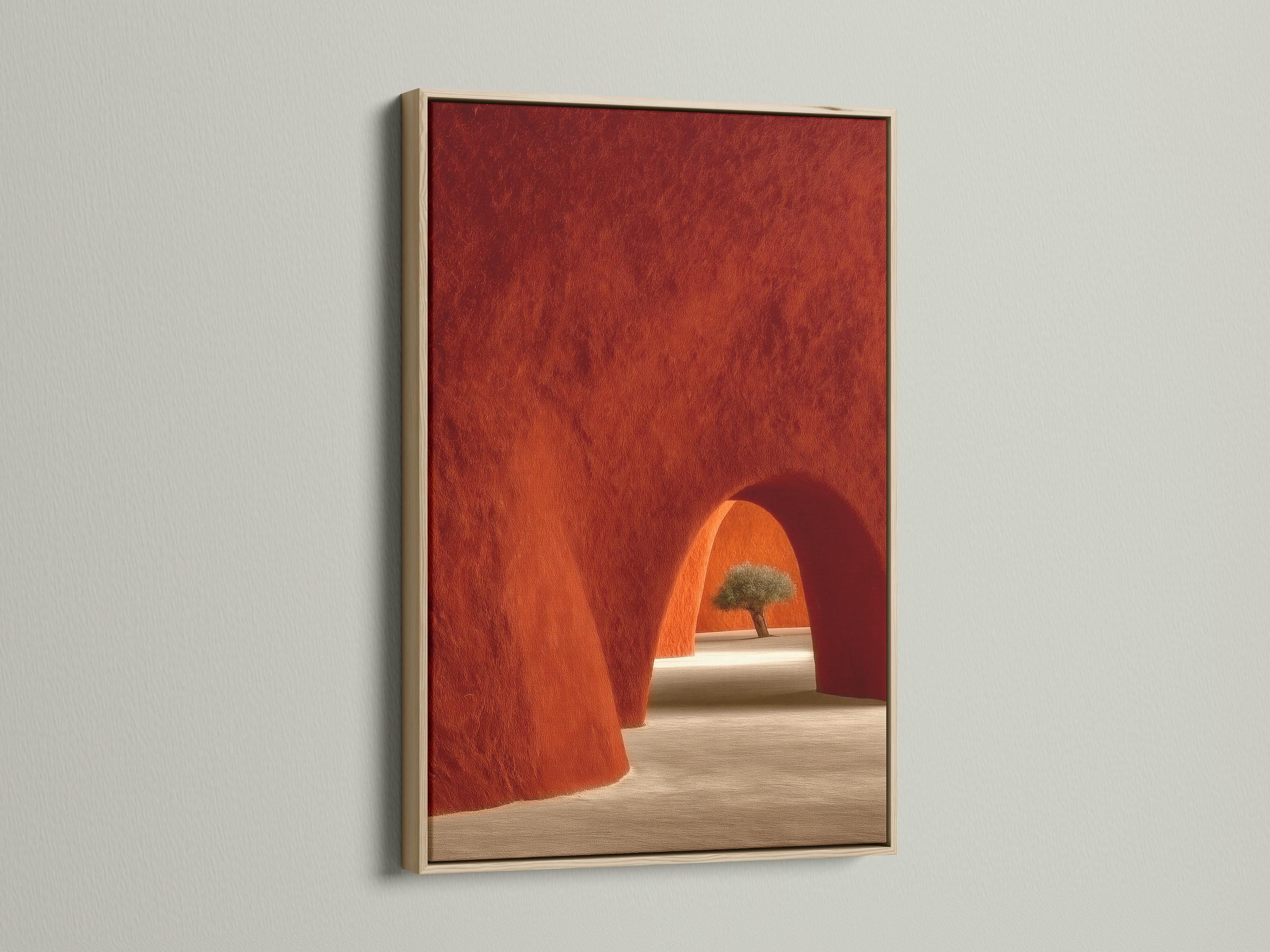 A warm terracotta adobe-style archway scene with a sandy floor, deep red walls, and a single tree in sunlight, presented in a textured, painterly