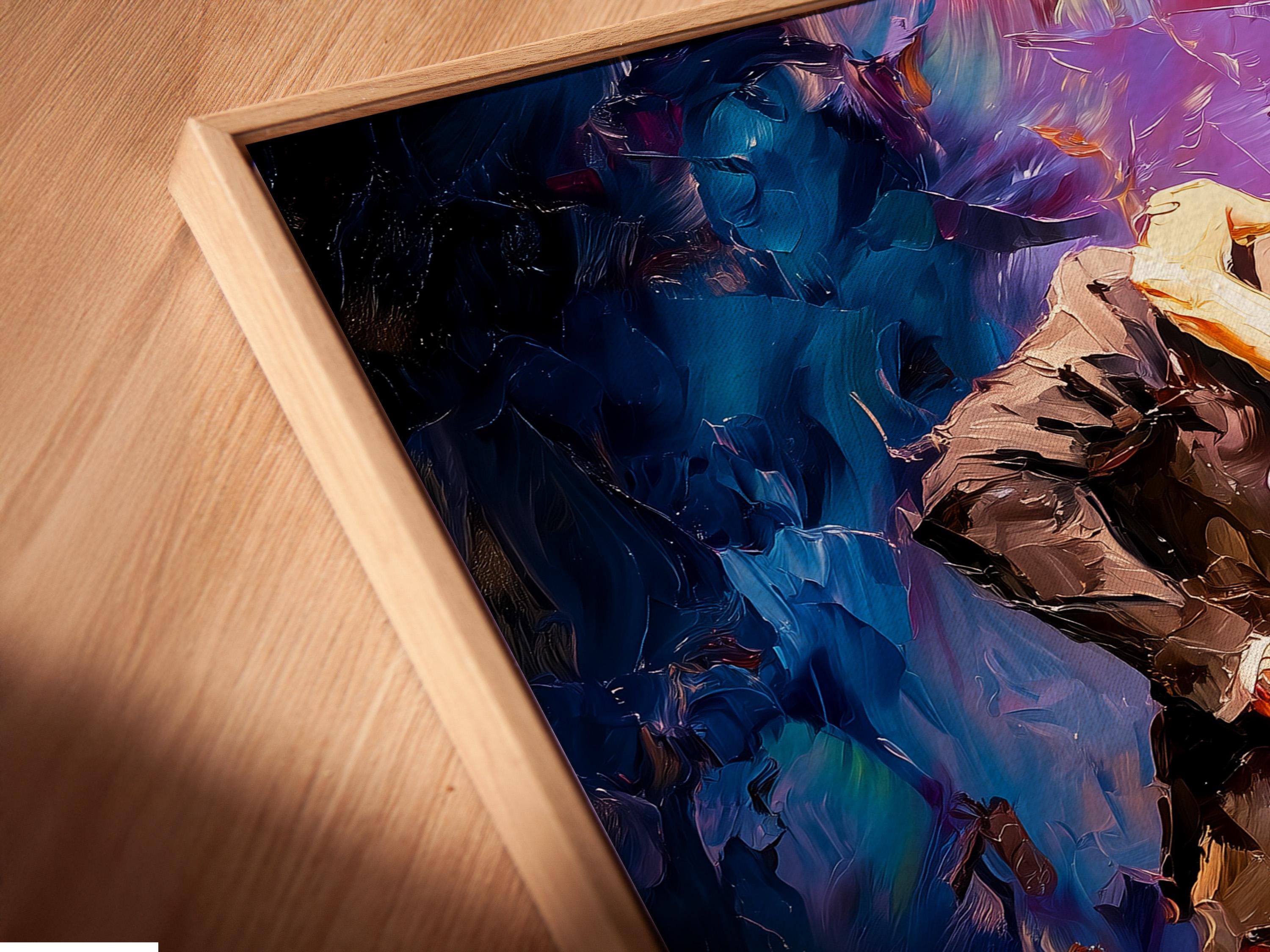 Framed tango dance artwork showing two dancing figures in purple, blue and gold tones detail view