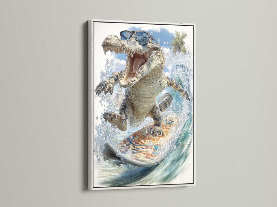 Roaring alligator with sunglasses surfing on a surfboard through foamy blue waves detail view