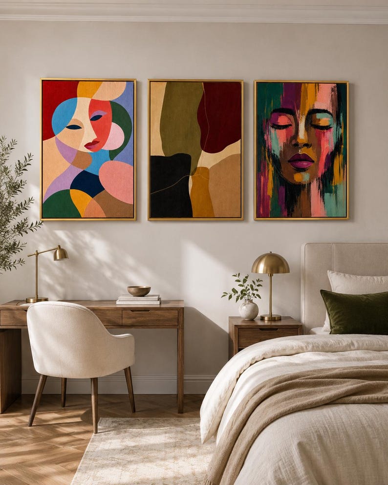 Three abstract portrait artworks showing stylised female faces with vivid colour blocks