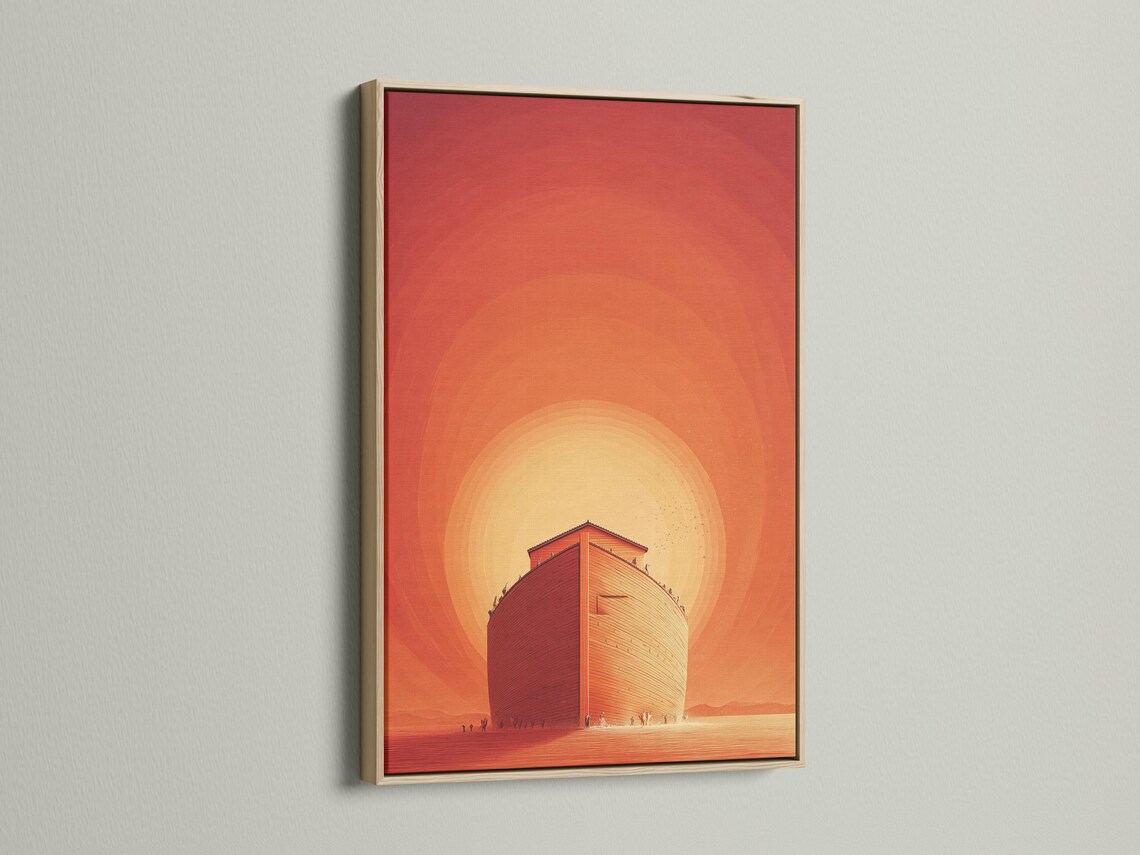 Ark-like vessel in a warm orange sunset scene with a glowing sun halo detail view