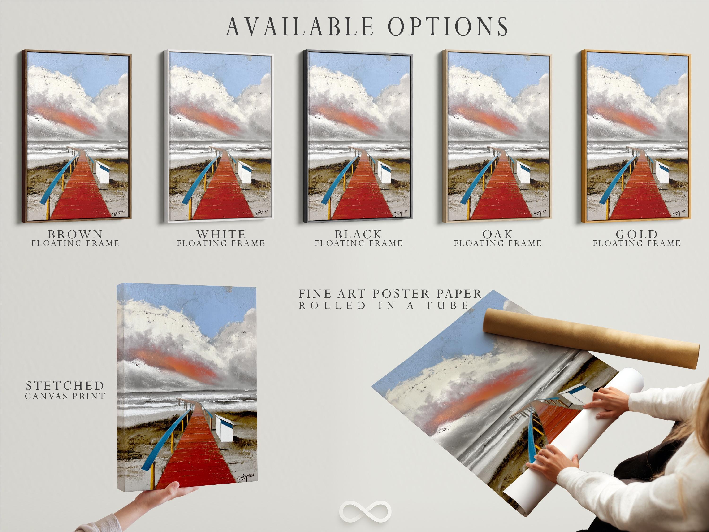 Red boardwalk leading to the sea with blue rails, waves and a cloudy sky detail view