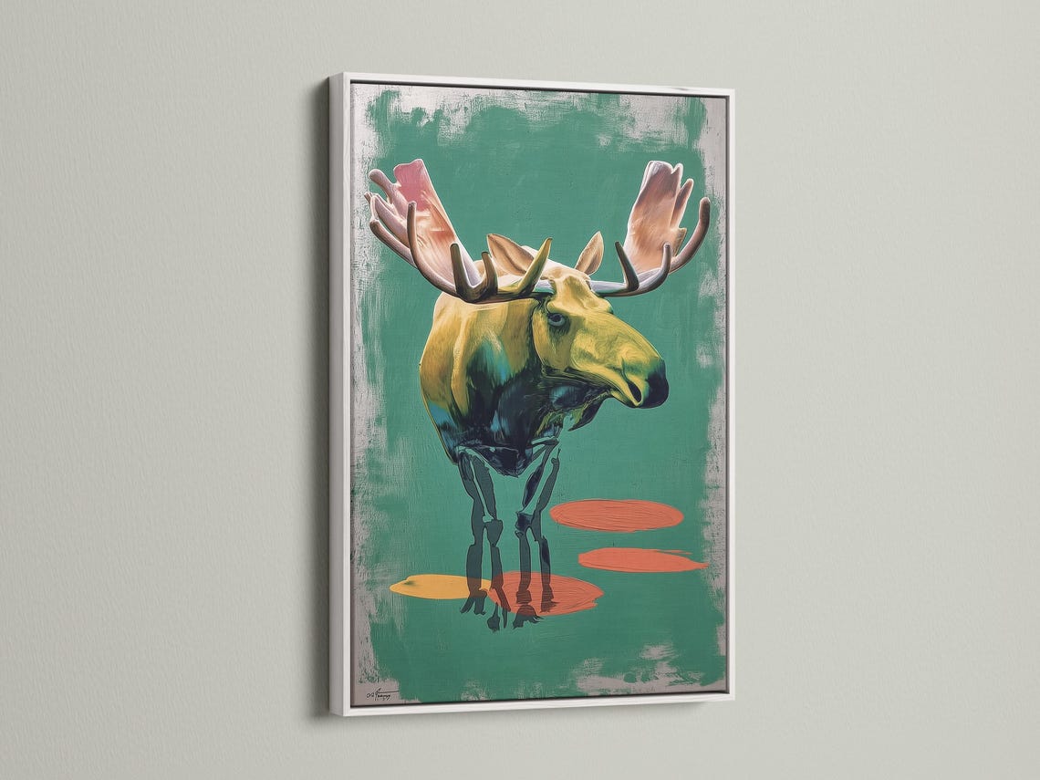 Stylised moose in side profile with large antlers on a textured teal-green background and warm orange shapes detail view