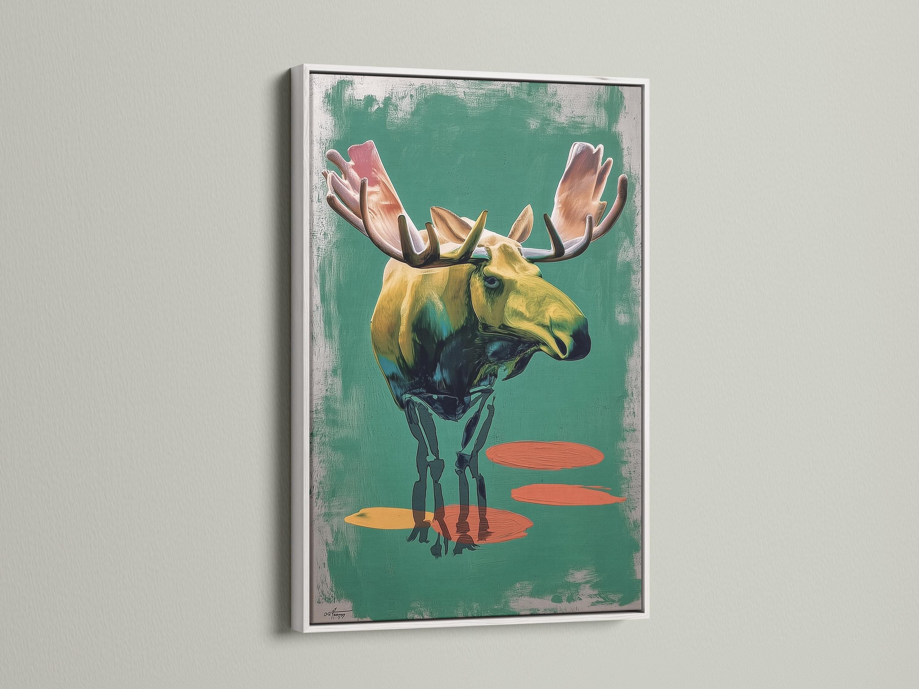 Stylised moose in side profile with large antlers on a textured teal-green background and warm orange shapes detail view