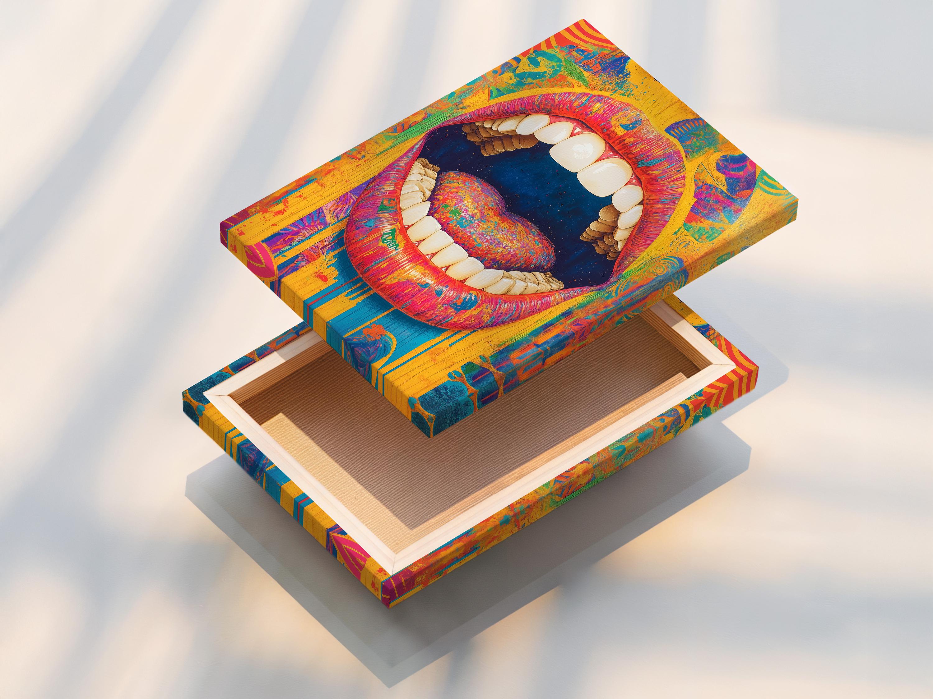 Surreal pop-art mouth with detailed teeth and a bright heart centre in vibrant colour blocks detail view