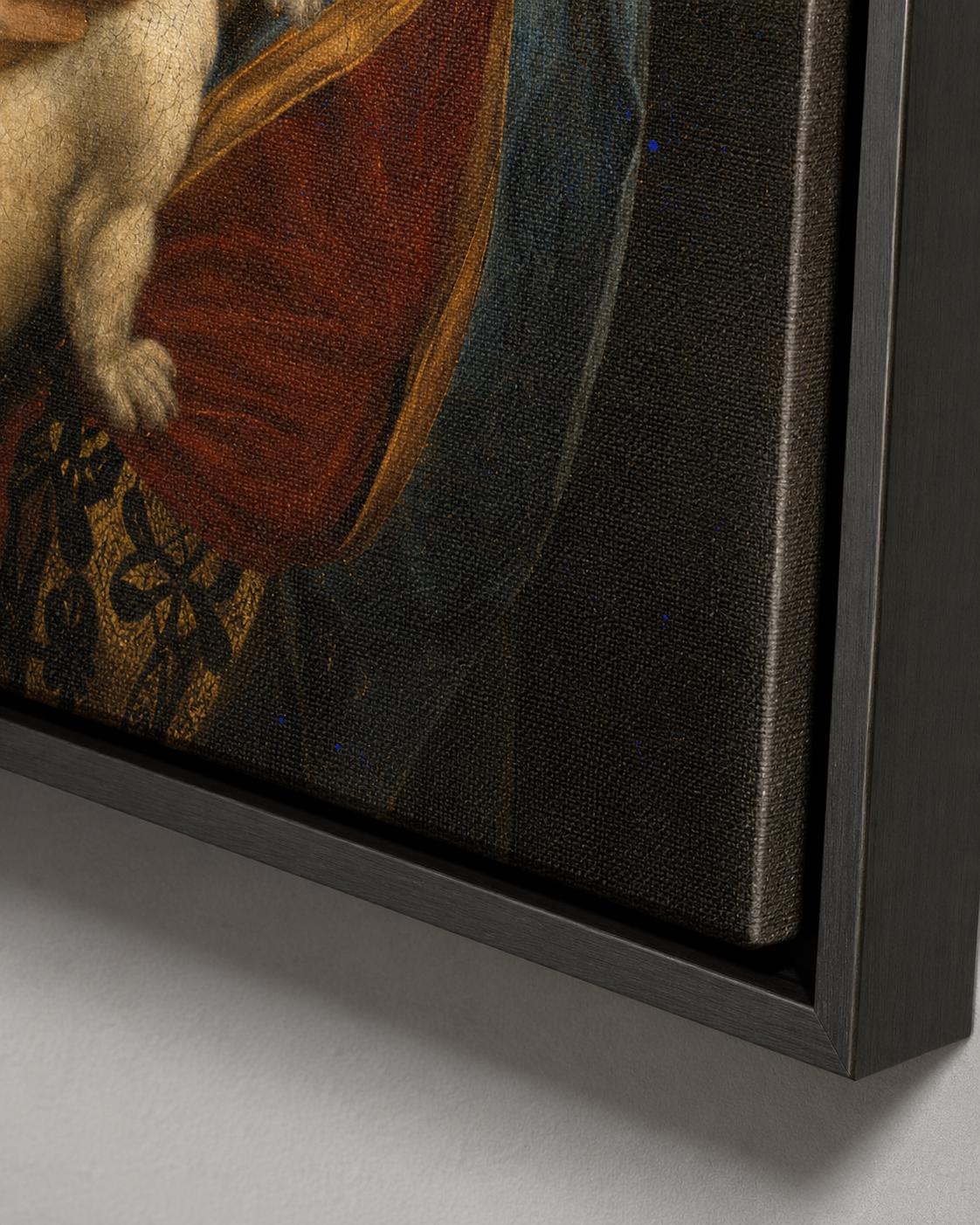 Three framed classical portrait panels with neon brushstrokes across the faces and eyes detail view