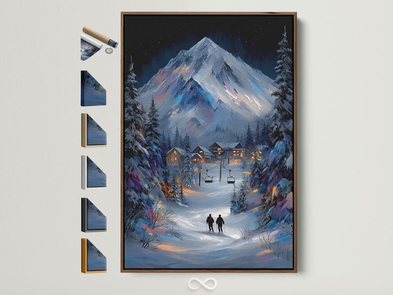 Snowy mountain night scene with pine trees, a ski village and warm lit windows under stars