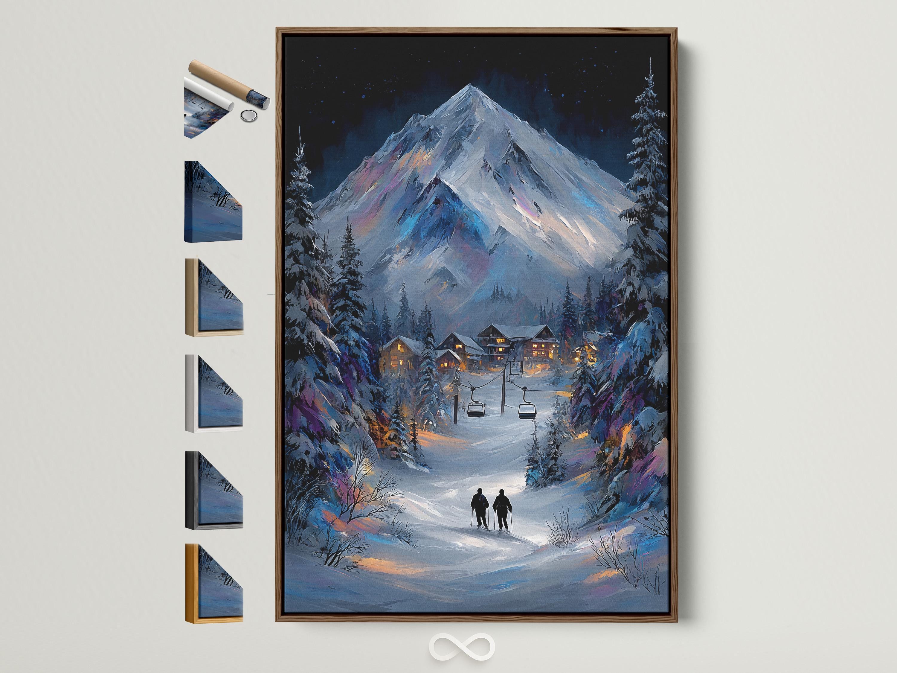 Snowy mountain night scene with pine trees, a ski village and warm lit windows under stars
