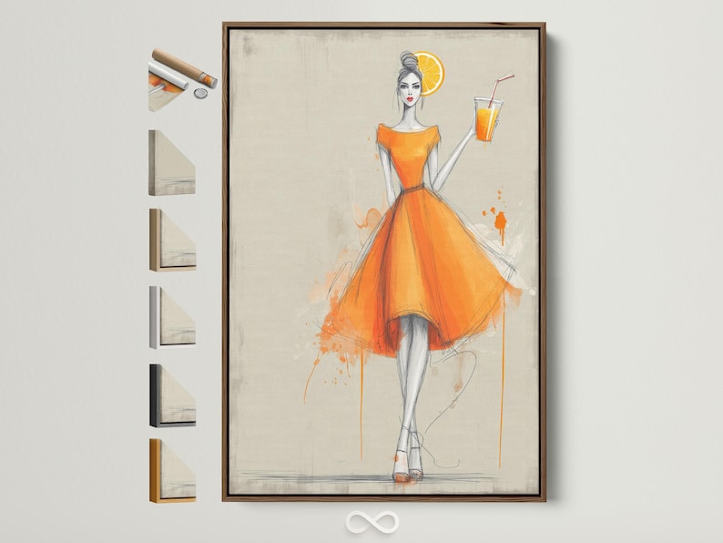Stylised woman in an orange dress holding a drink with an orange slice against a pale background