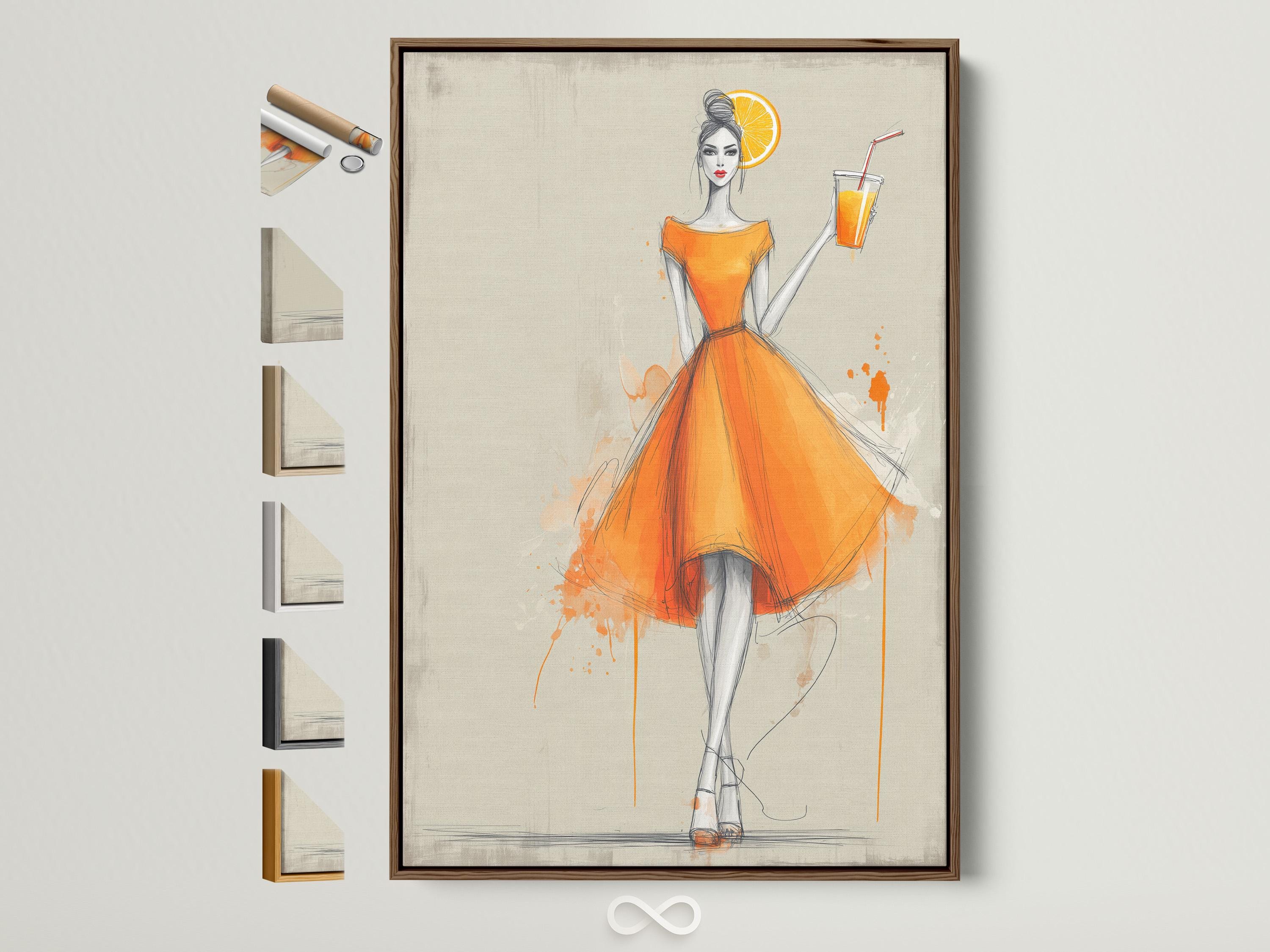 Stylised woman in an orange dress holding a drink with an orange slice against a pale background