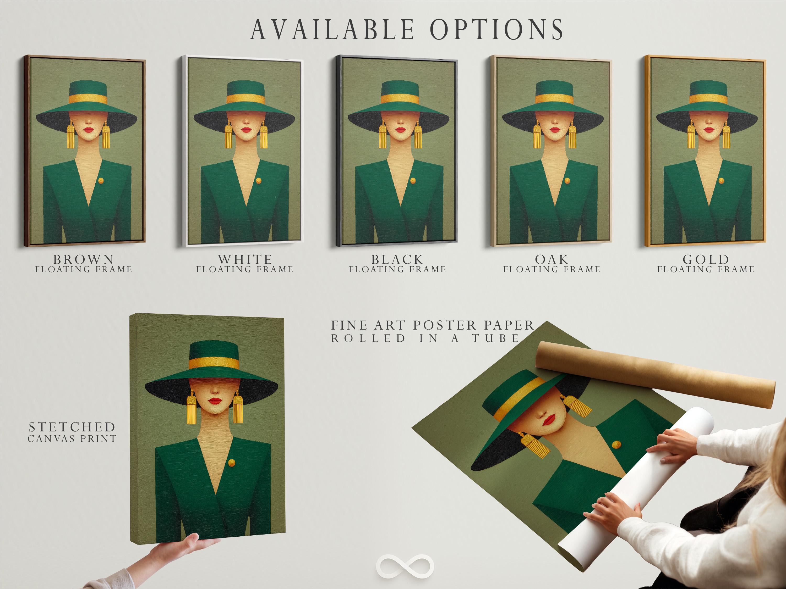A stylised portrait of an elegant woman in a wide-brim hat, shown against a muted green background with gold accents and Art Deco-inspired shapes