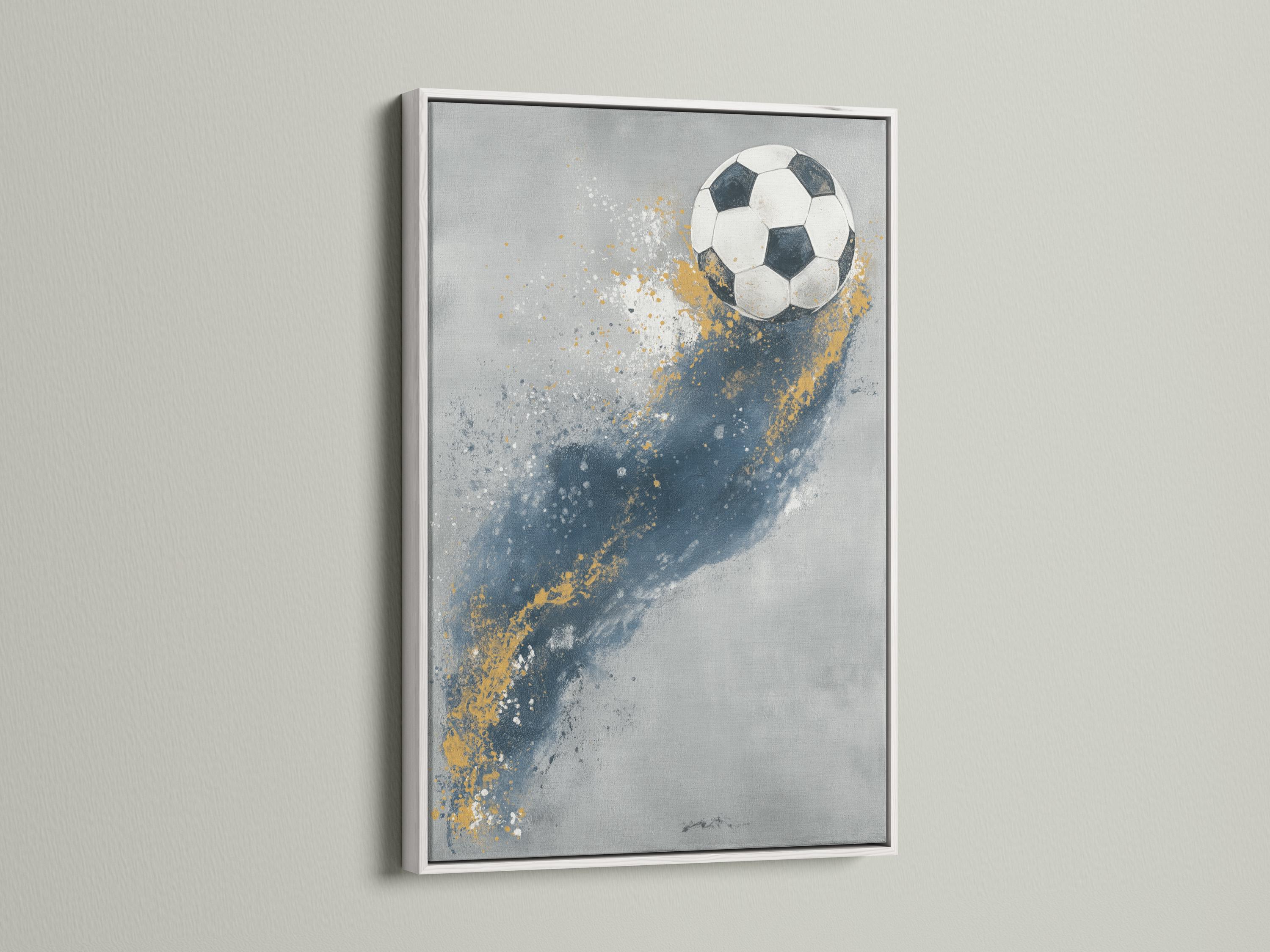 A stylised soccer ball sits on a textured, grey-blue background with scattered white speckles and warm gold paint-like splashes detail view