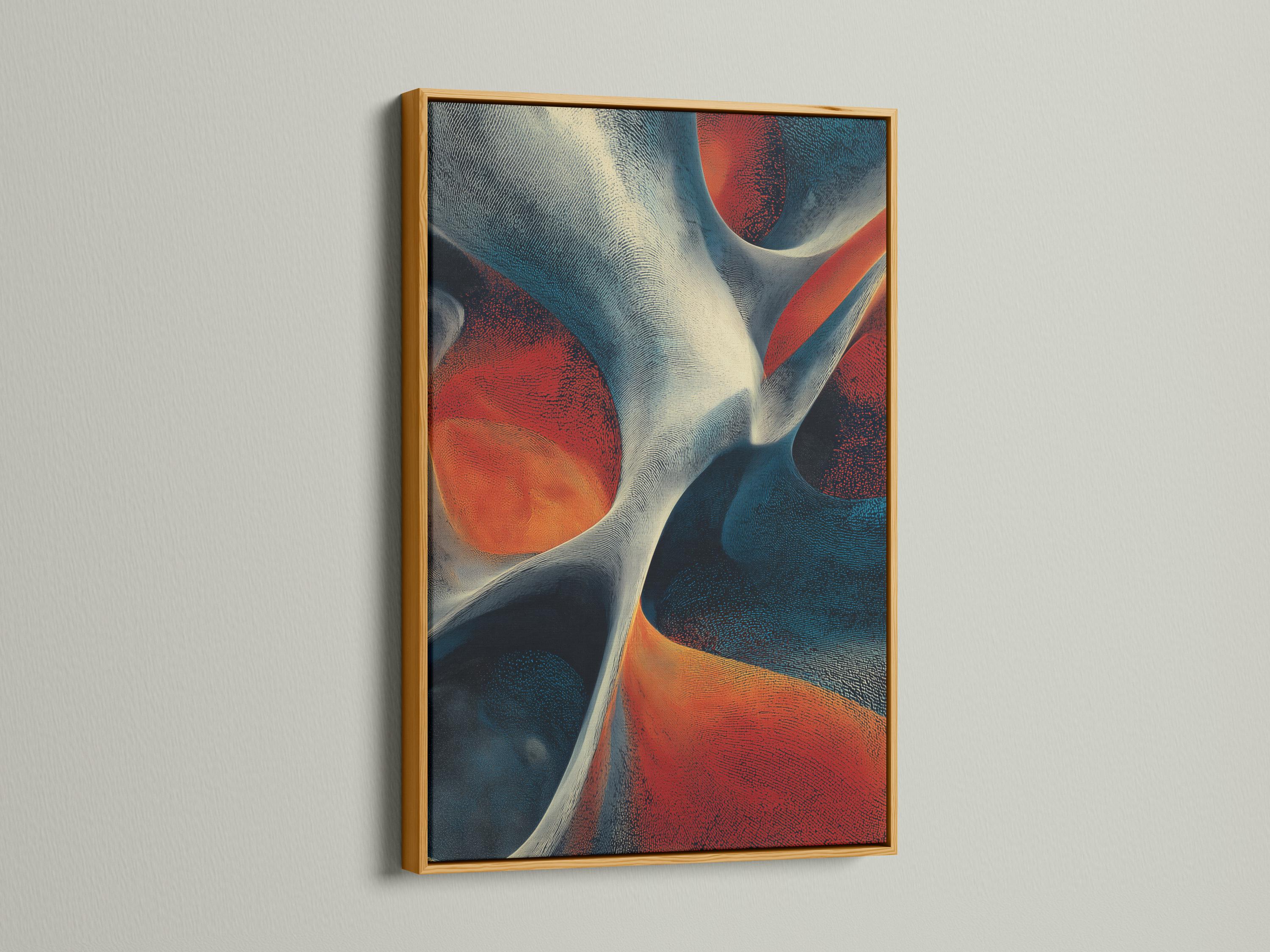 Abstract artwork with cream flowing curves and teal, navy, orange and red textured shapes detail view