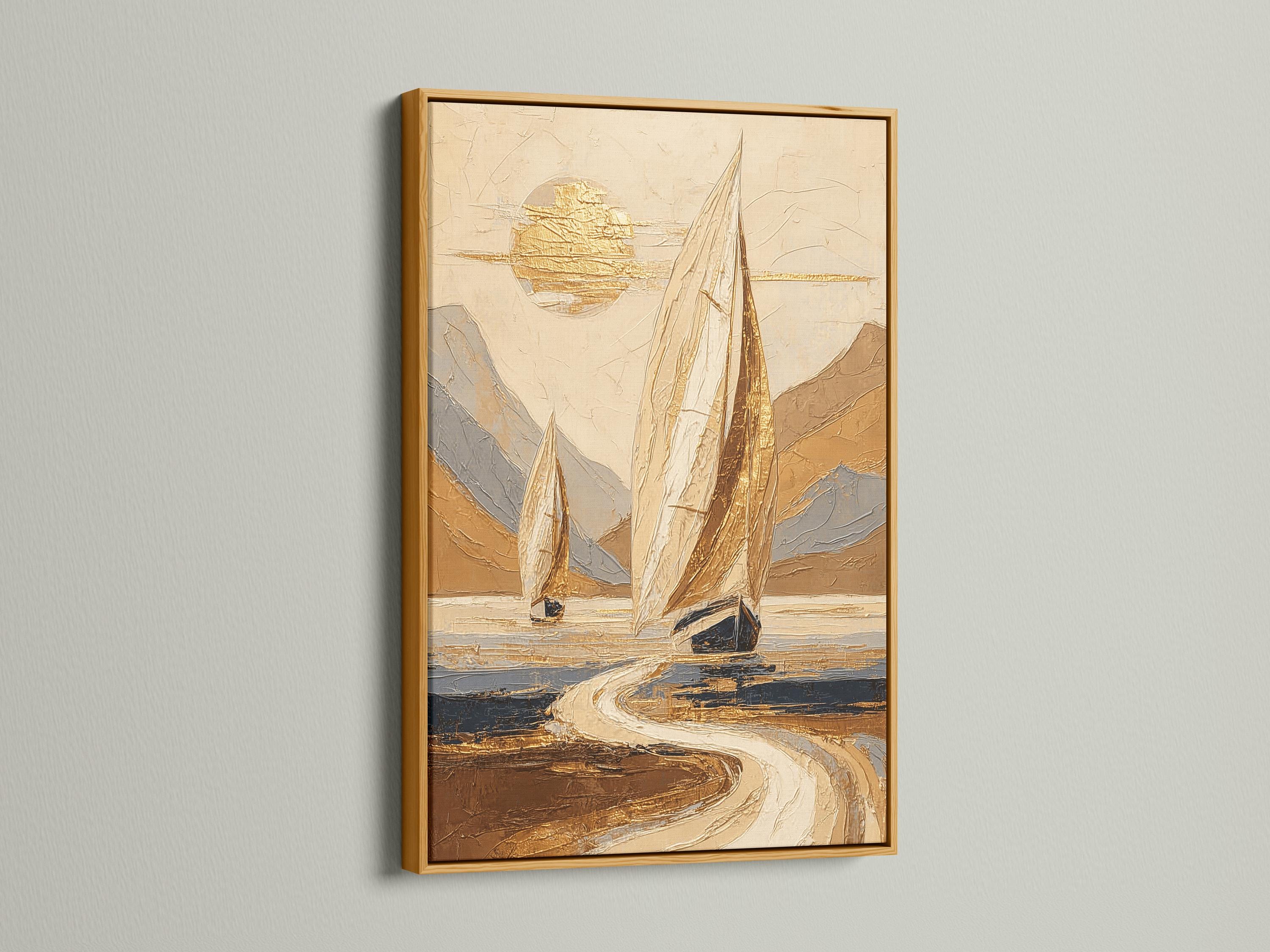 A gold-toned sailboat with billowing sails sits on rippling blue-grey water, set against warm beige and sandy shapes with a bright sun-like glow