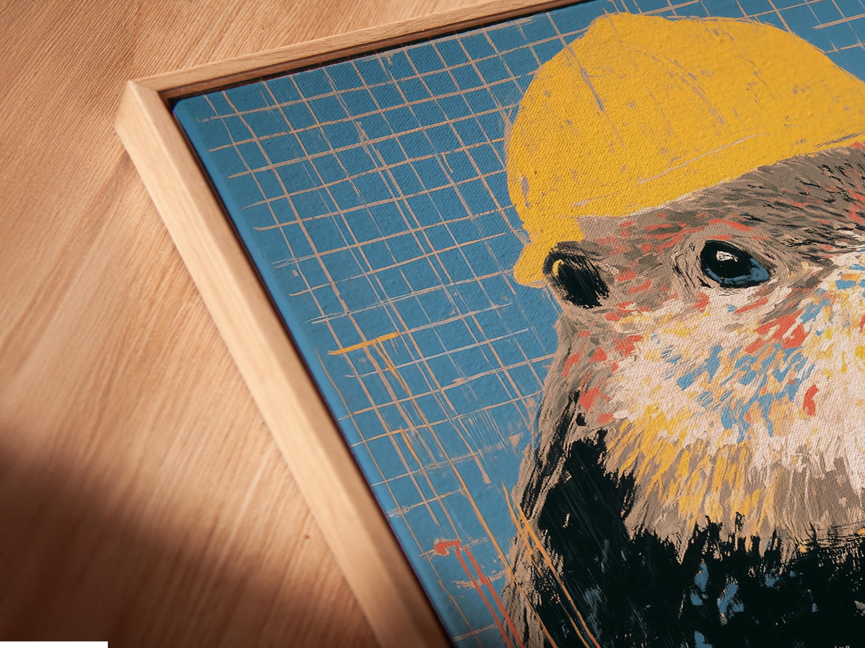 Stylised beaver wearing a yellow hard hat on a blue blueprint grid background detail view