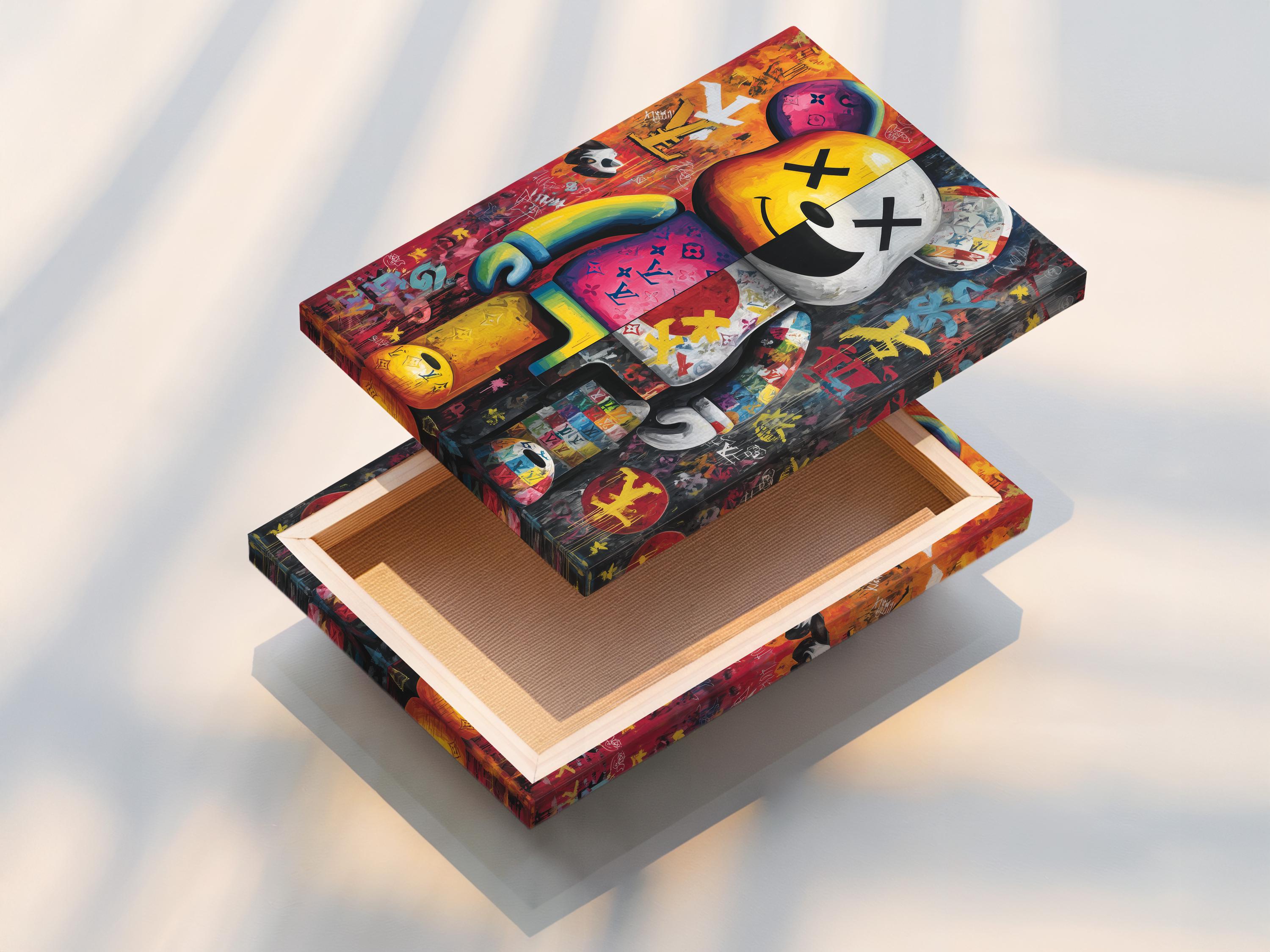A bright pop-art style bear figure is shown amid graffiti-like colours and stickers, framed by bold black outlines and layered poster textures detail