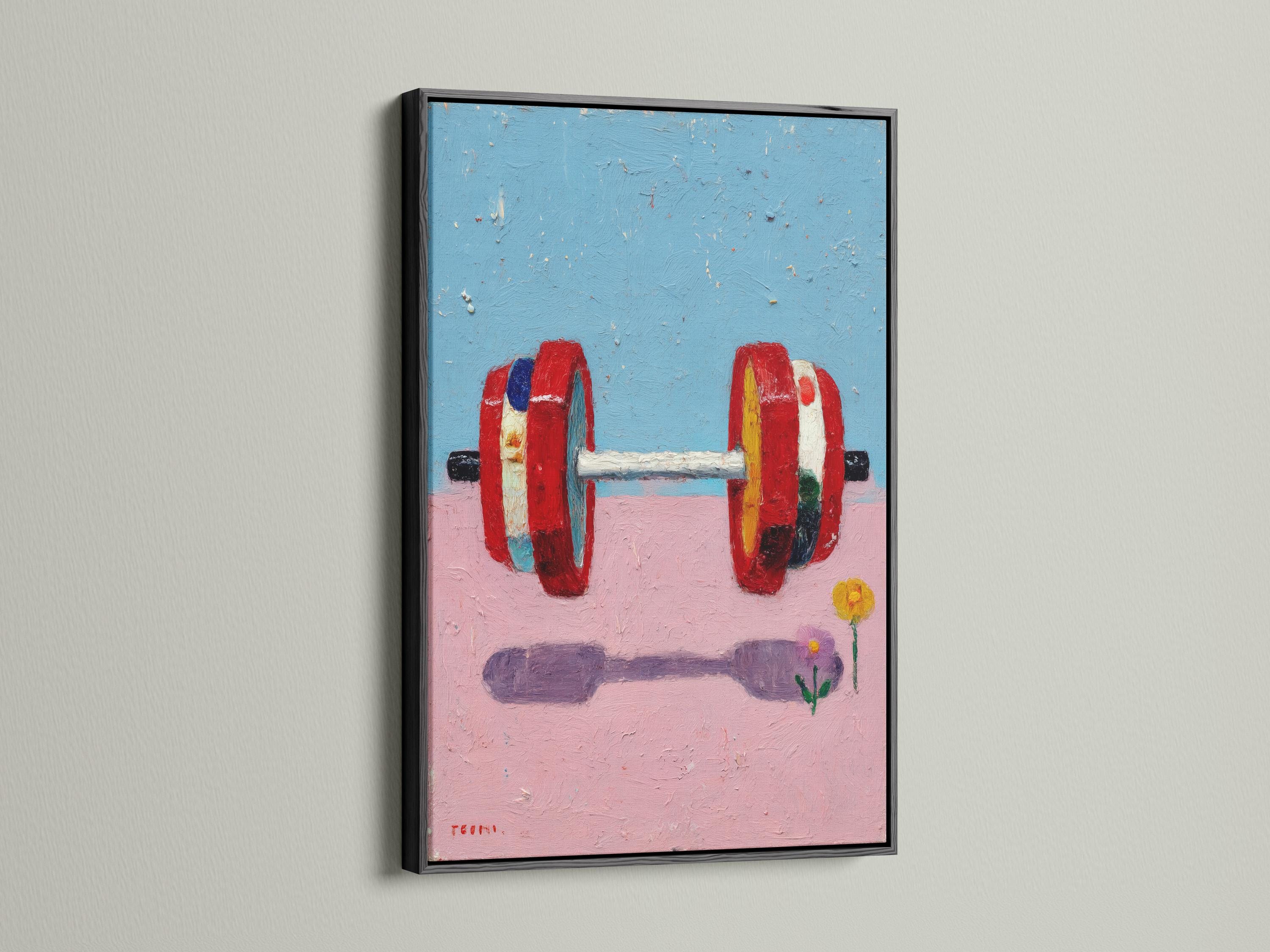 A framed abstract painting shows a brightly coloured weight barbell on a blue-and-pink background with small scattered speckles and a minimal flower