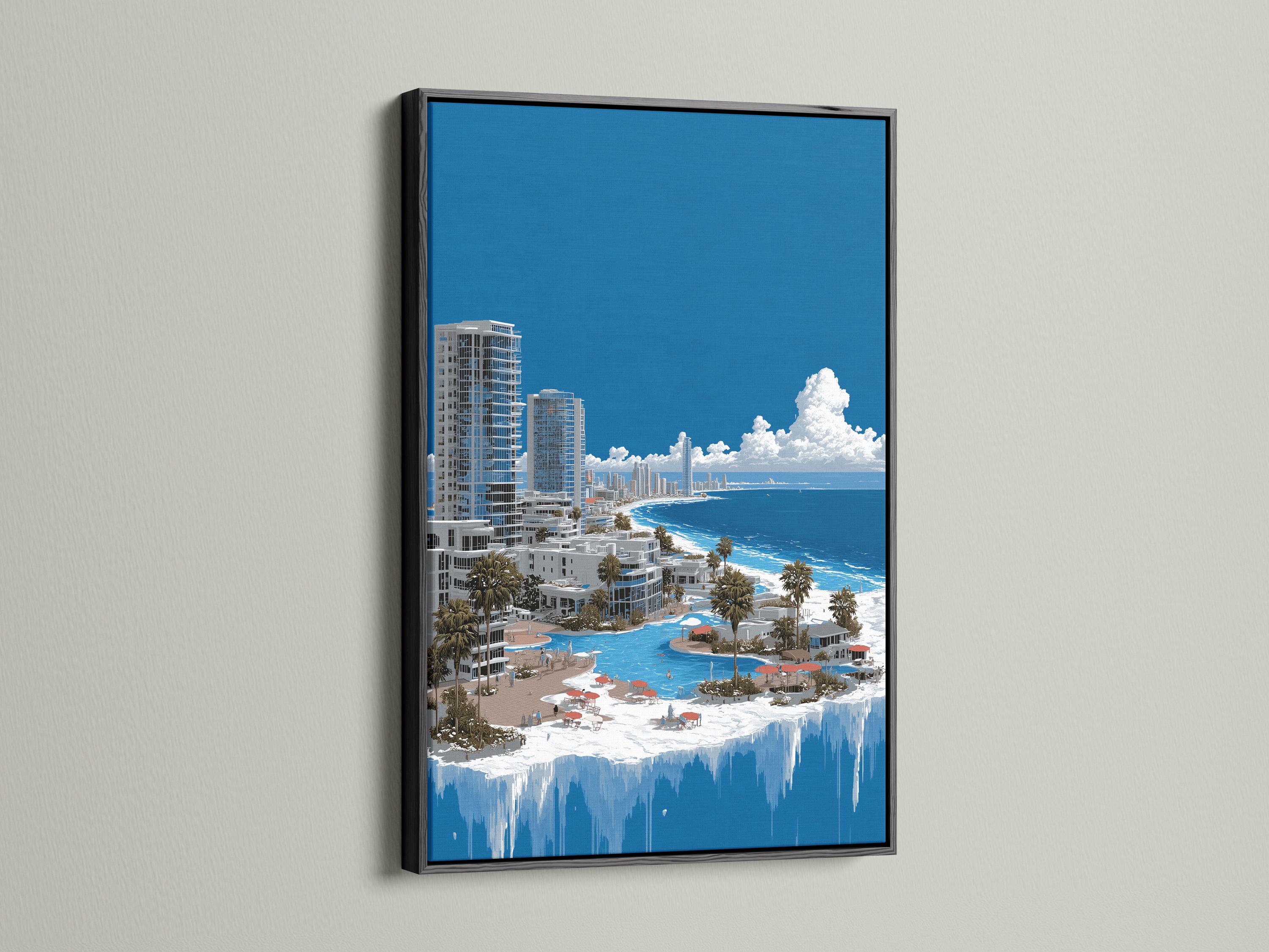 Room mockup showing a framed panoramic coastal cityscape artwork with turquoise ocean and blue sky