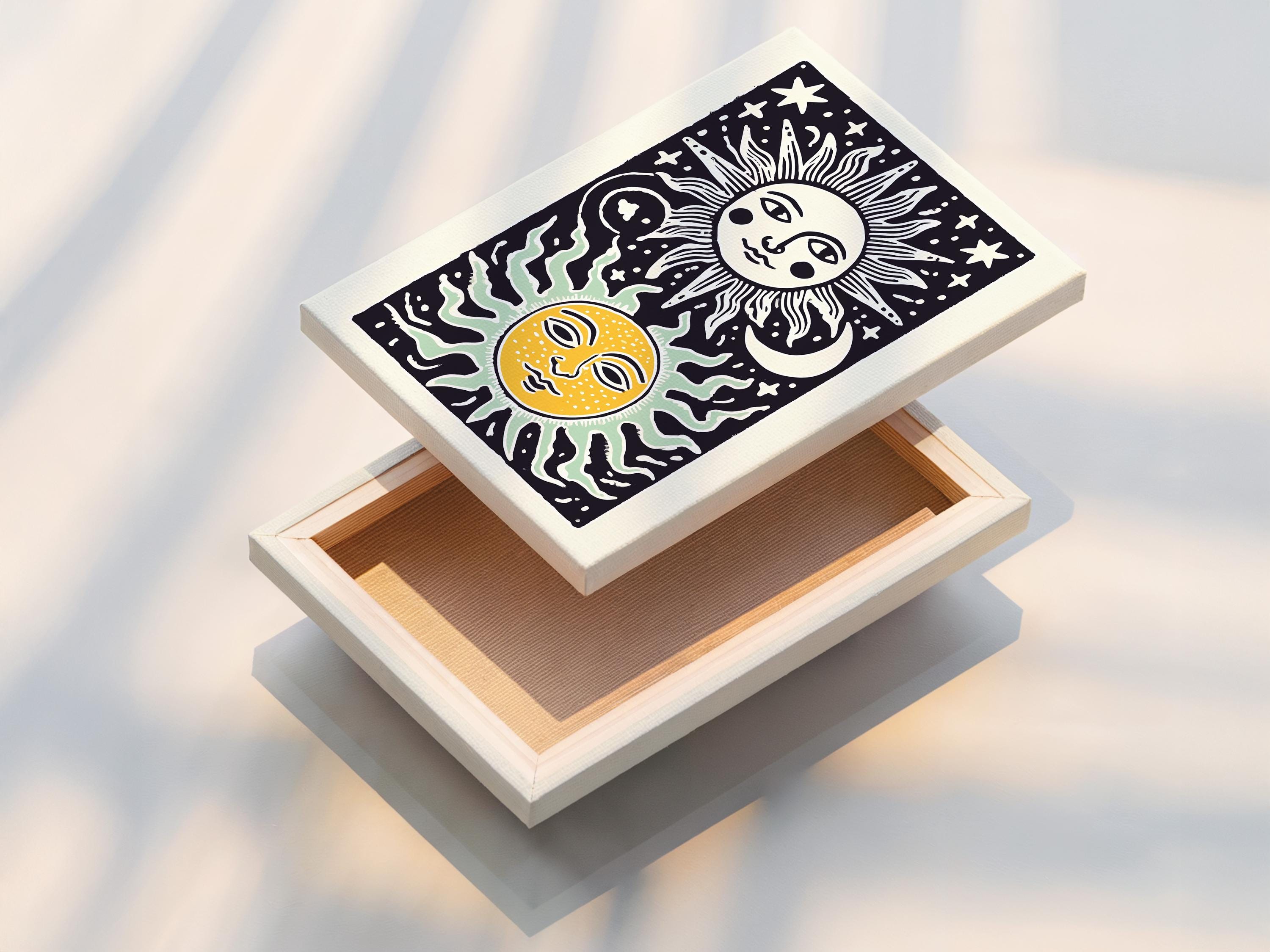 Room mockup showing framed sun and moon celestial artwork on a wall with decorative items nearby
