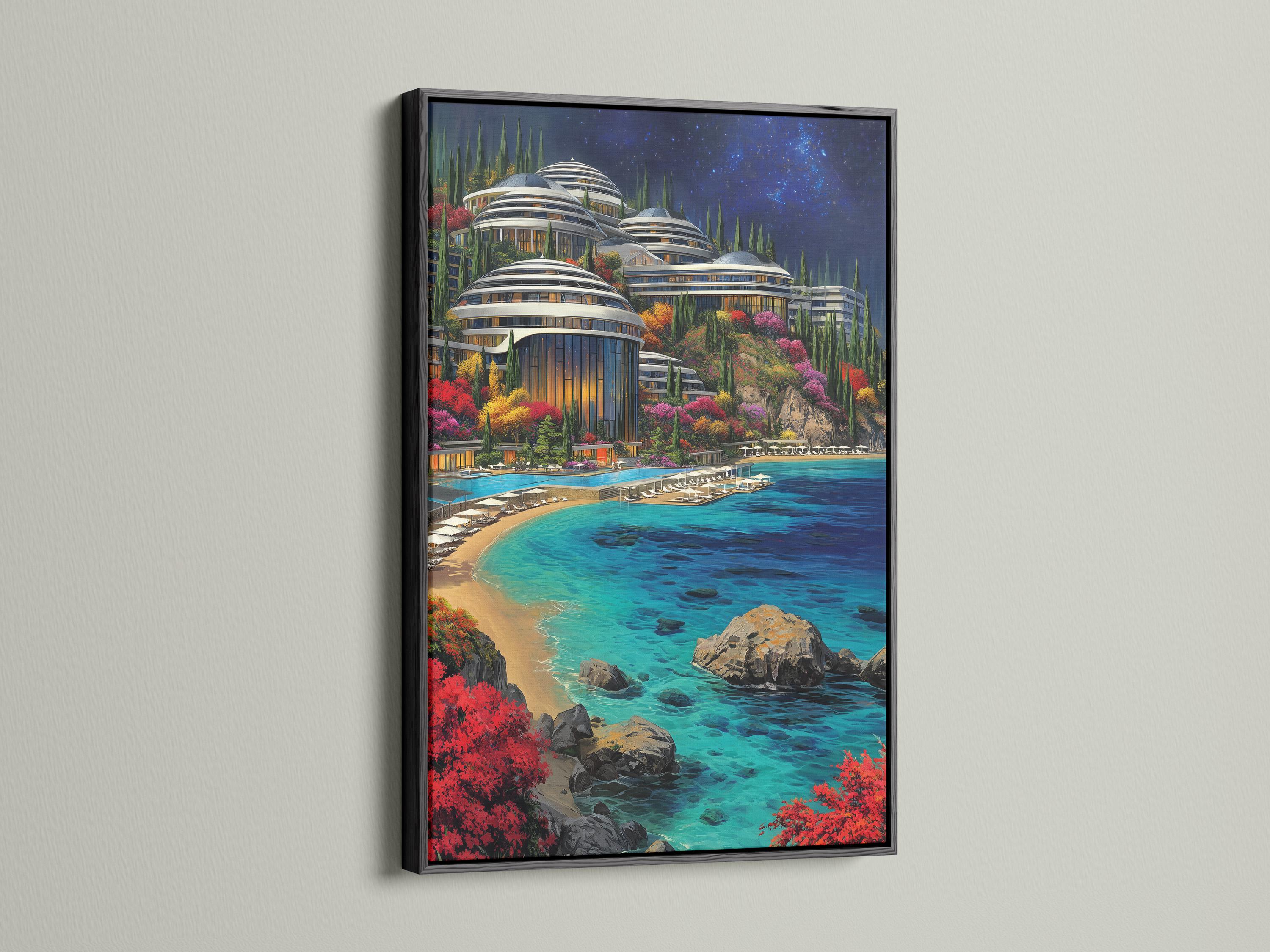 Turquoise ocean coastal cityscape with glowing futuristic towers, colourful gardens and starry night sky detail view