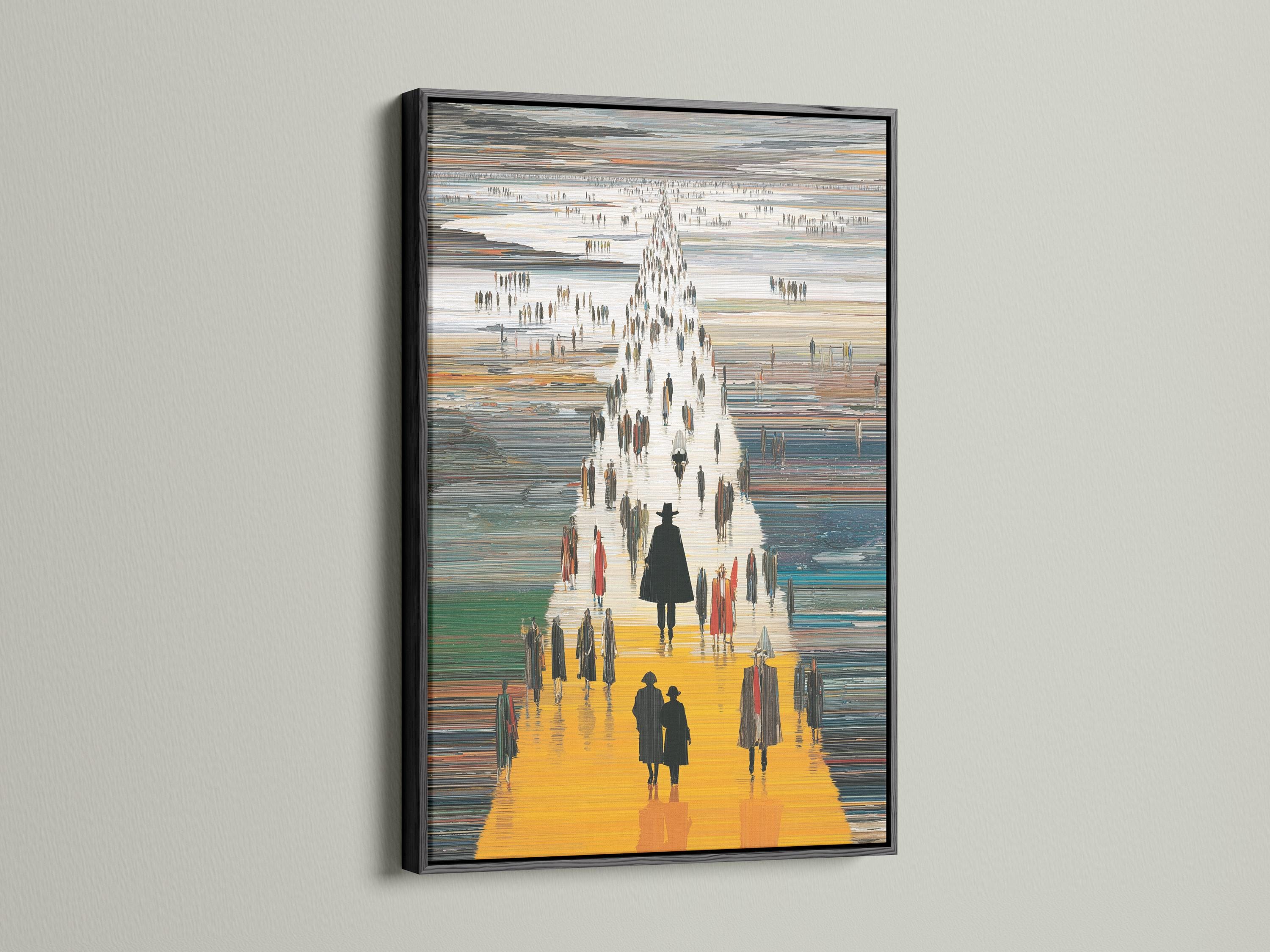 Stylised city street scene with bright yellow walkway and dark silhouette pedestrians detail view