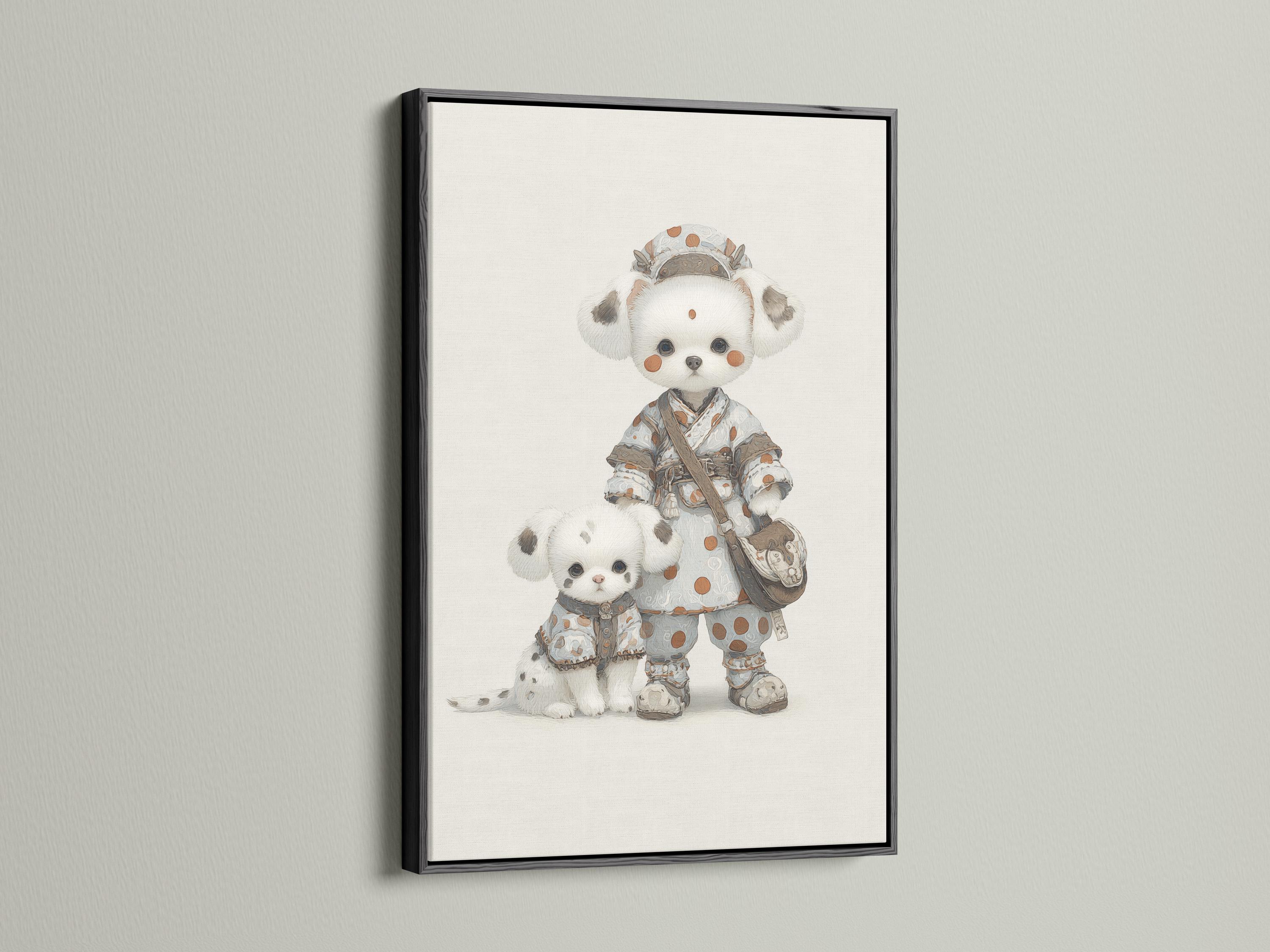 Illustrated beige puppy pair in patterned clothing against a cream background detail view