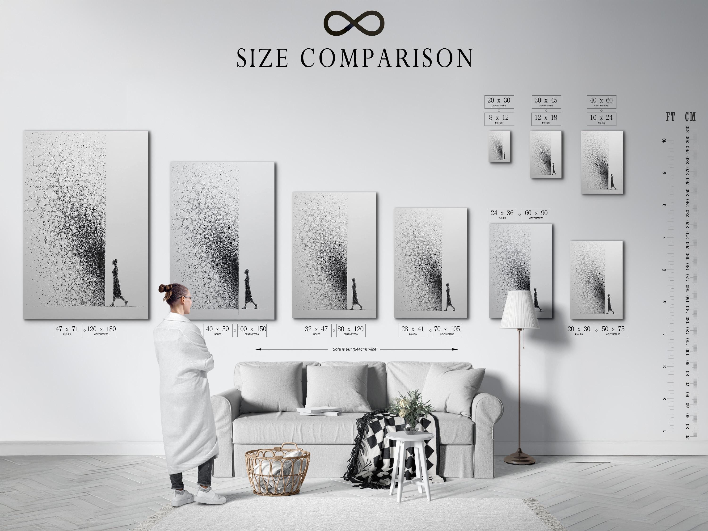 Monochrome abstract artwork with speckled dot clusters and an elongated figure silhouette detail view