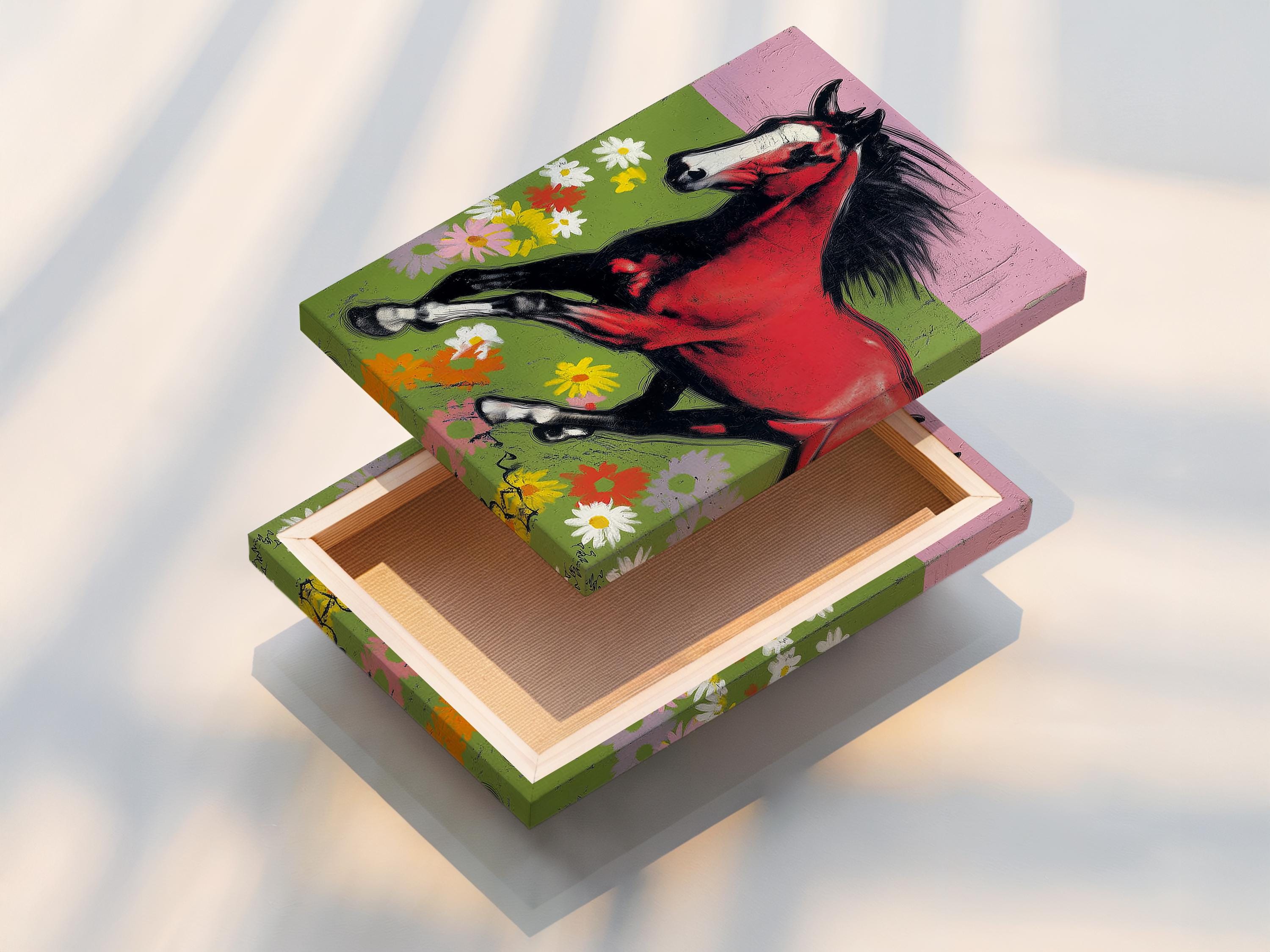 Running horse in red and black with a green meadow and colourful flowers detail view