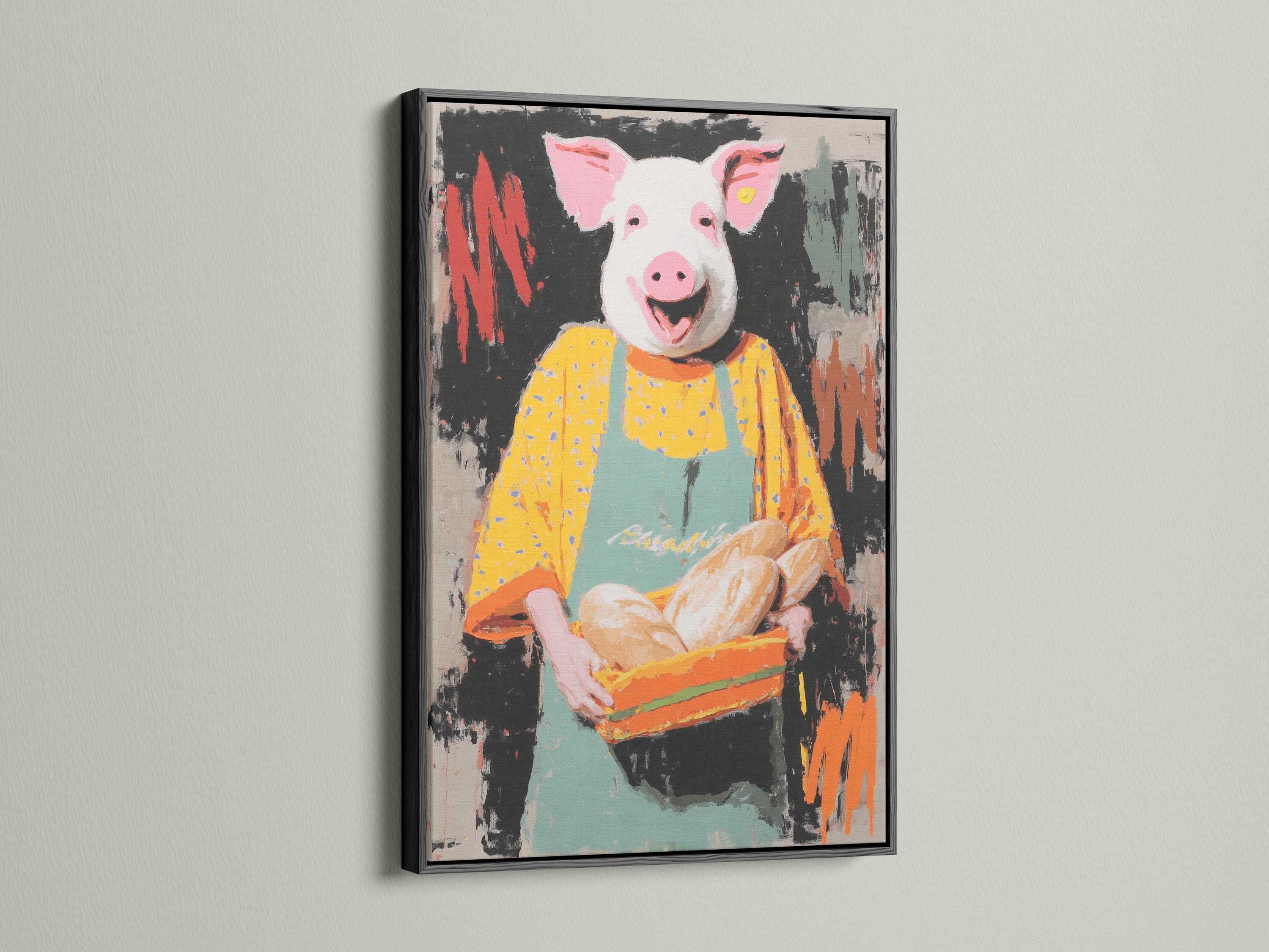 Stylised chef pig holding a tray of buns with a dark splattered background detail view
