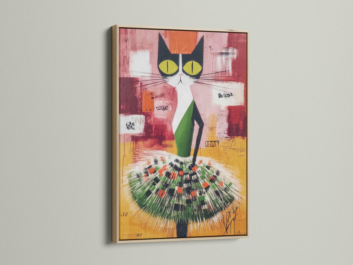 Stylised abstract cat portrait with large green eyes, whiskers, and a radial burst pattern detail view