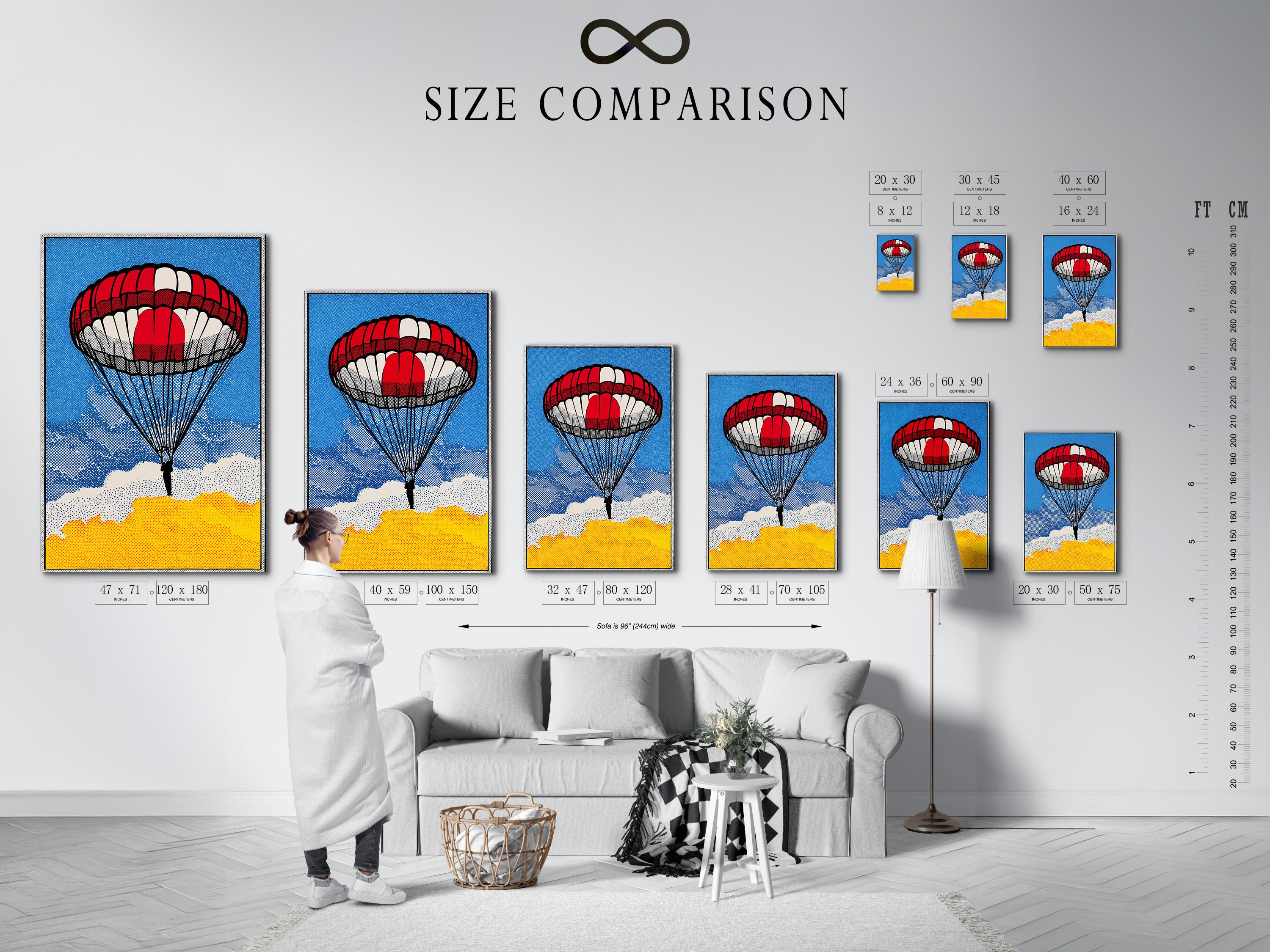 Red and white parachute pop art scene with blue dotted sky and clouds detail view