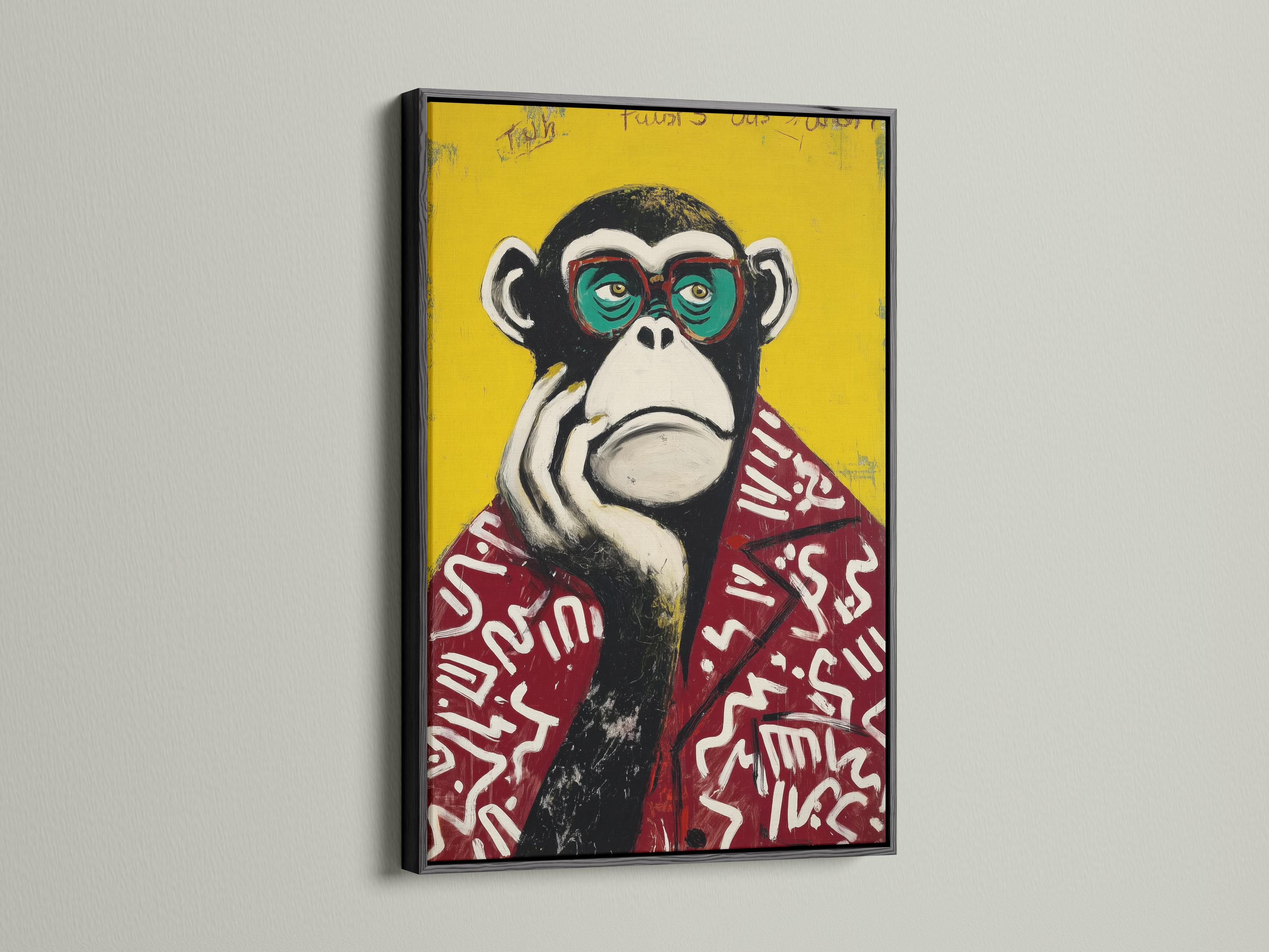 Portrait of a stylised monkey wearing oversized round glasses against a bright yellow background detail view