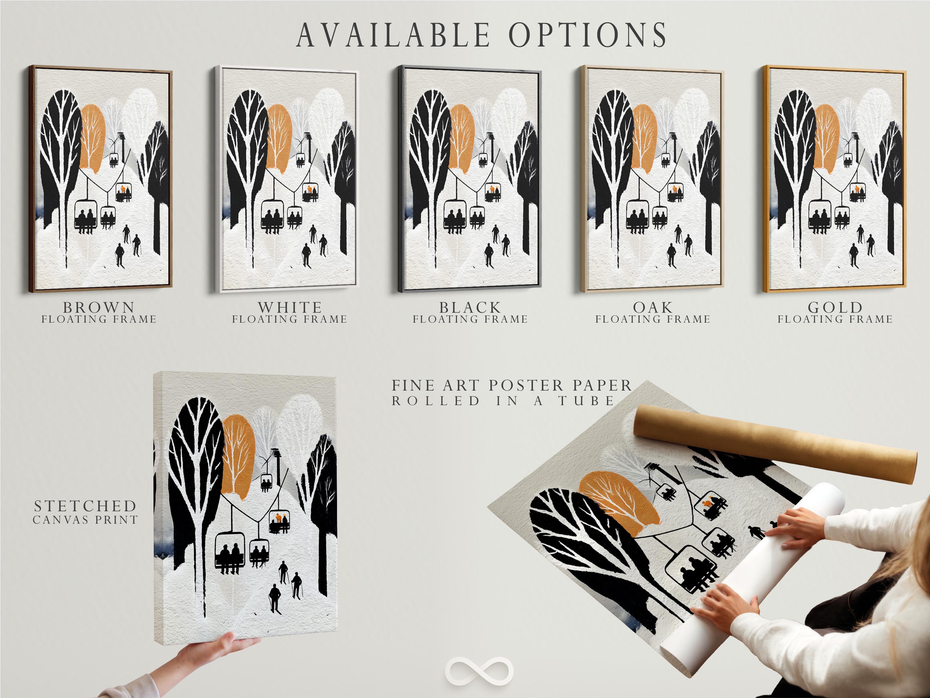 Minimalist winter ski lift scene with black silhouettes, skiers, trees and warm orange circles detail view