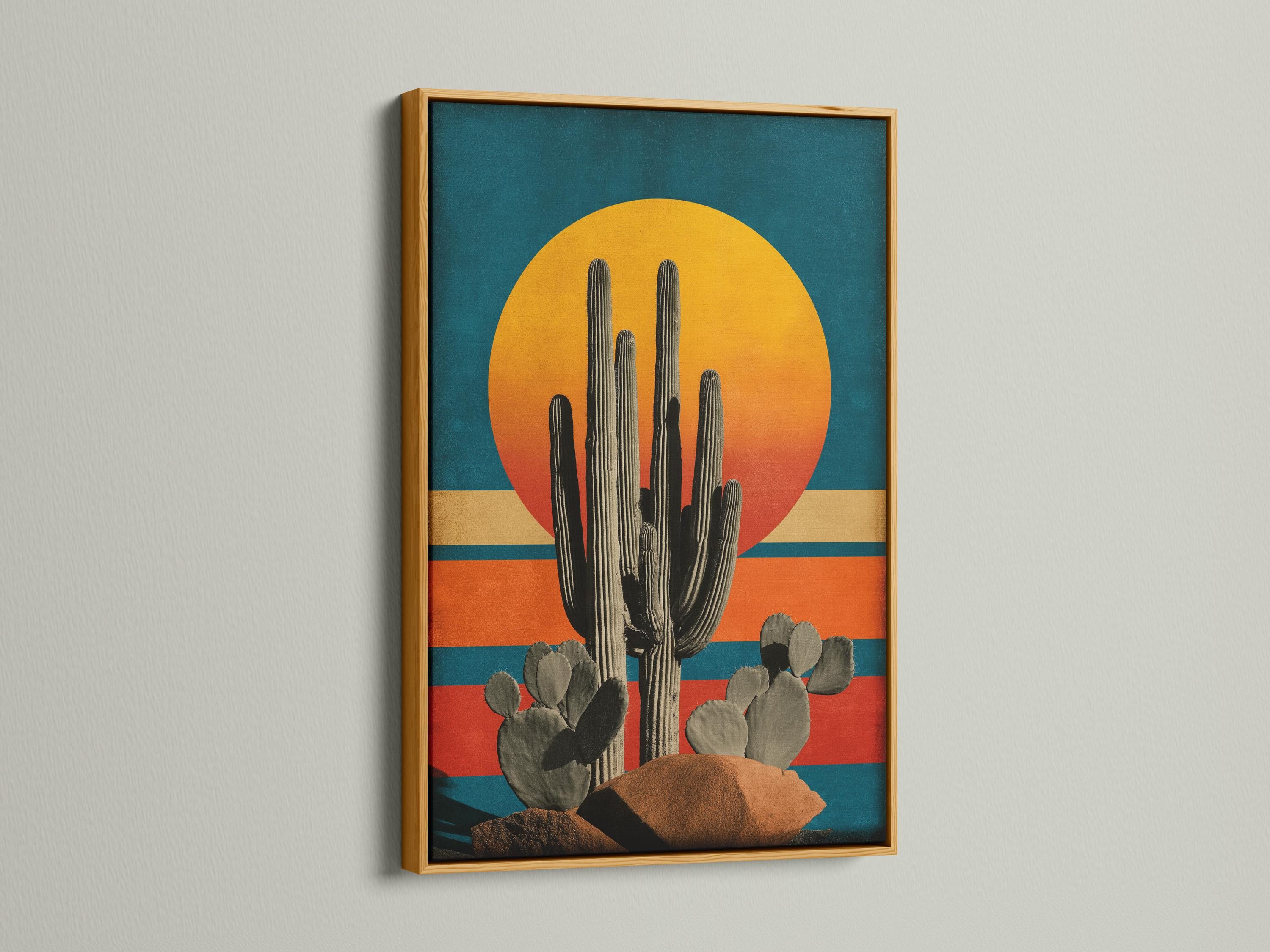 Illustration of a tall cactus with rounded pads beneath a large golden sun over teal and terracotta stripes detail view