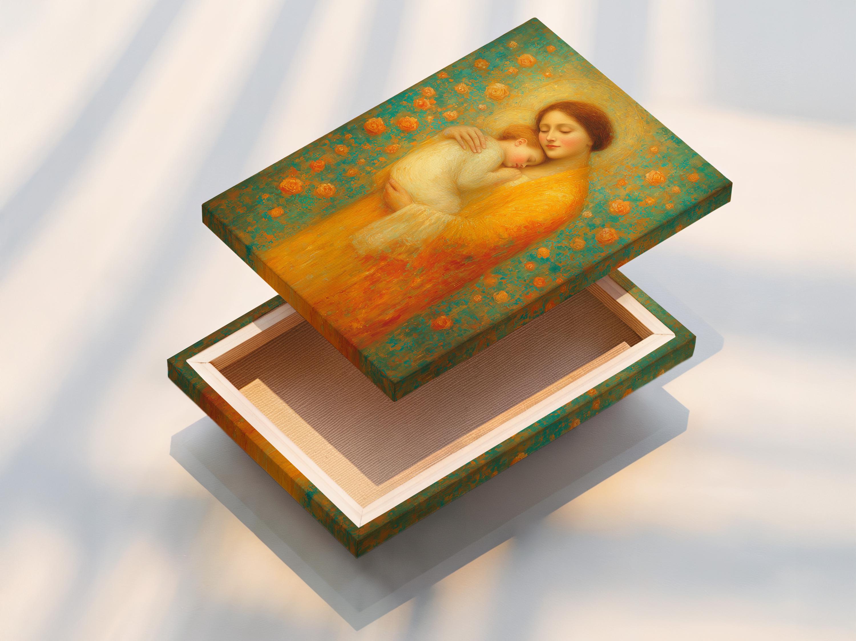 Warm gold mother holding a sleeping baby with halo against a teal patterned background detail view