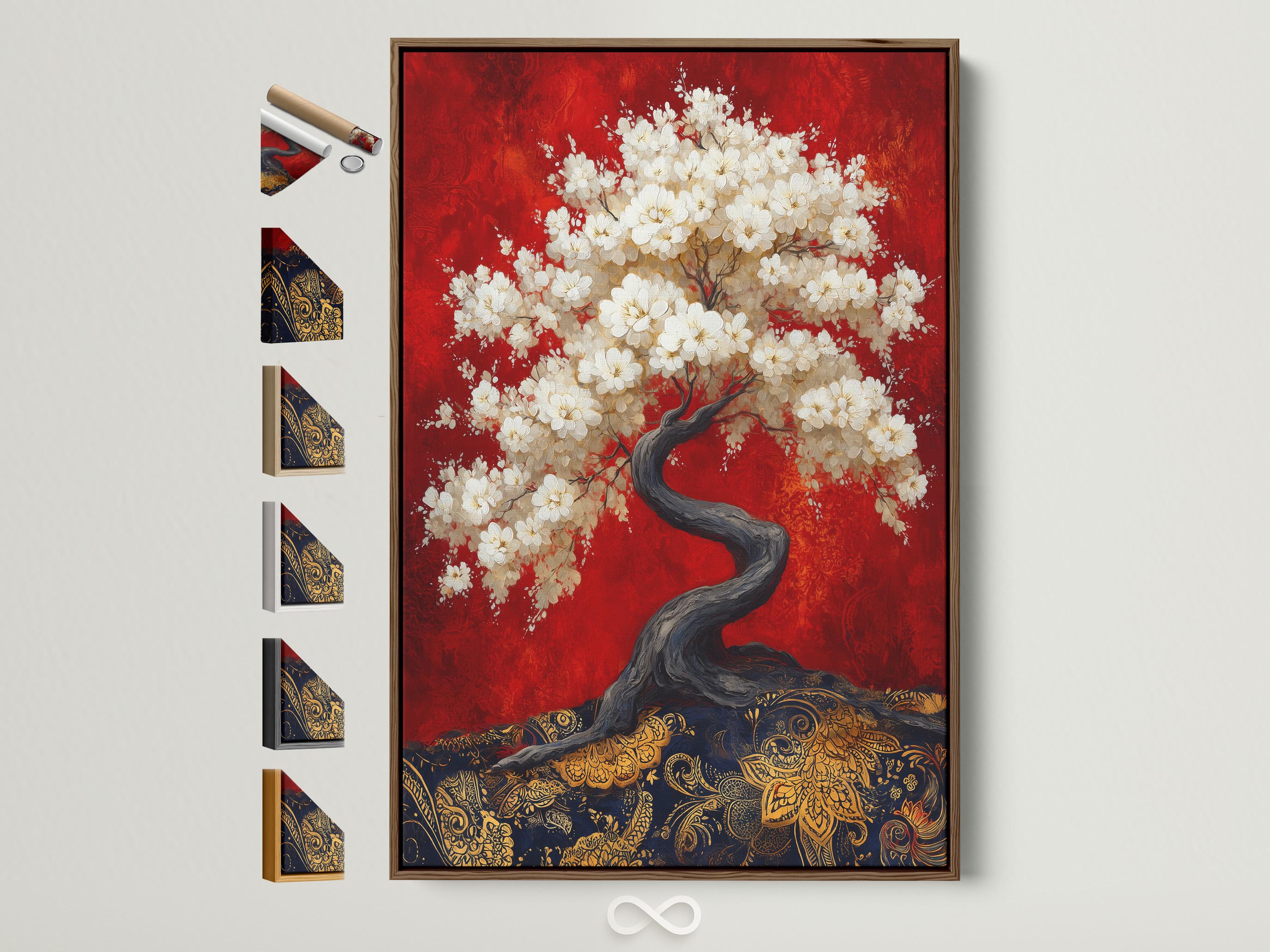 Spa reception scene with a woman seated at a reception desk and a cherry blossom tree artwork on the wall