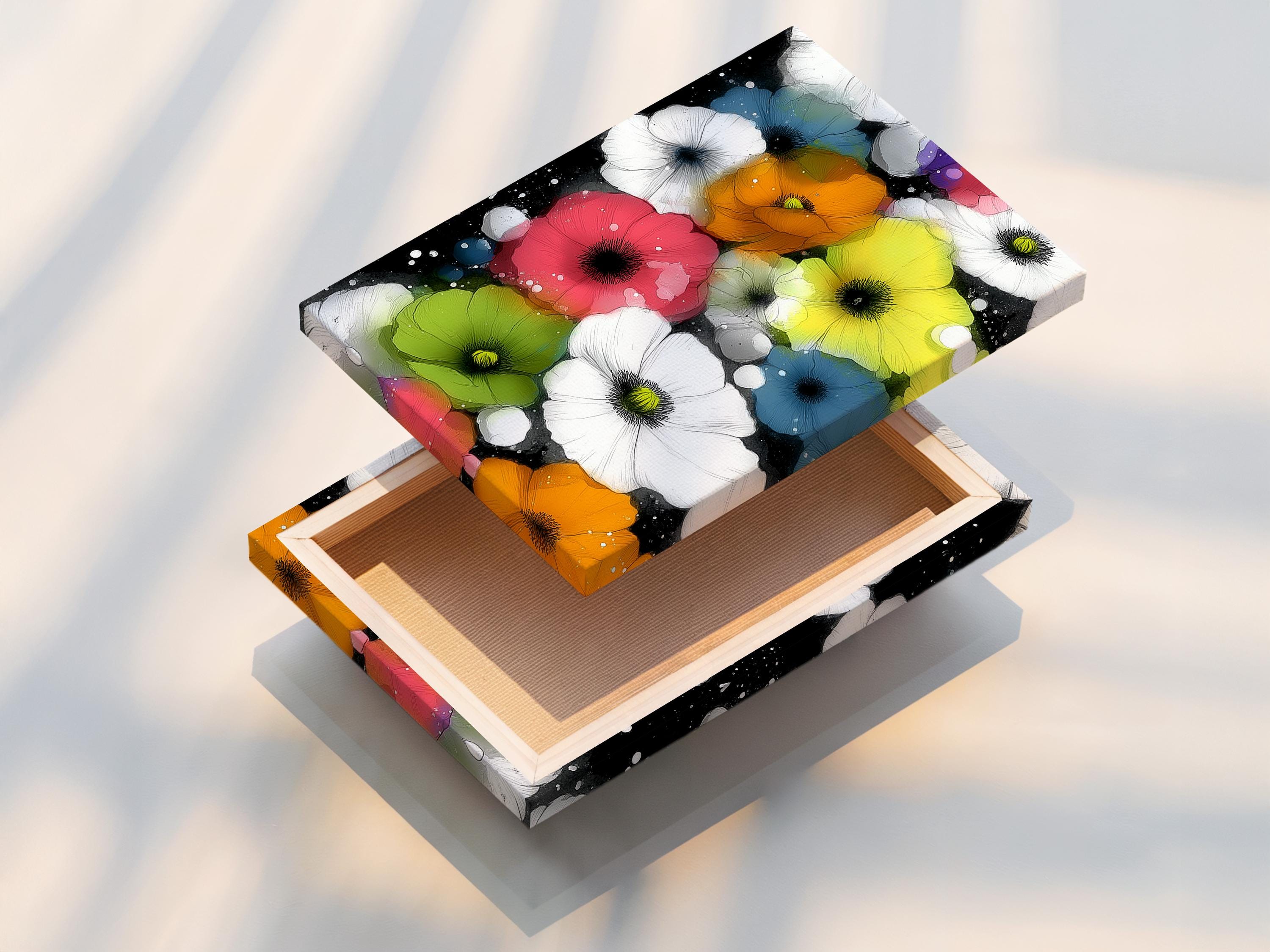 Wall mockup featuring a framed floral artwork with bright poppy-like flowers